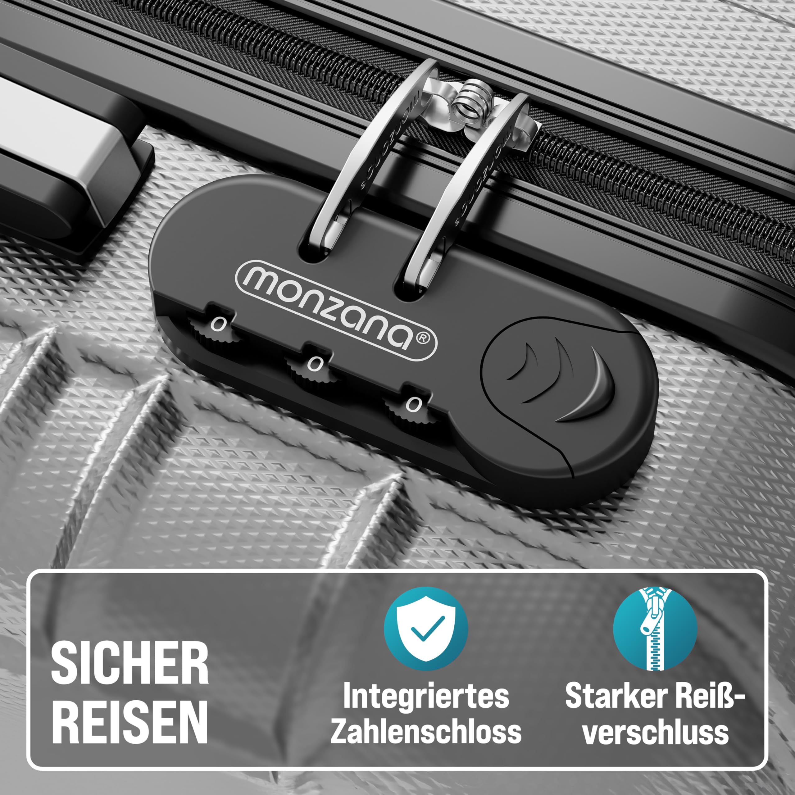 Monzana® 4tlg Kofferset Schloss Organizer Kofferwaage Gurt Gel-Griffe Zwillingsrollen Standfüße Trolley Reisekoffer Hartschale Koffer S-M-L-XL Silber