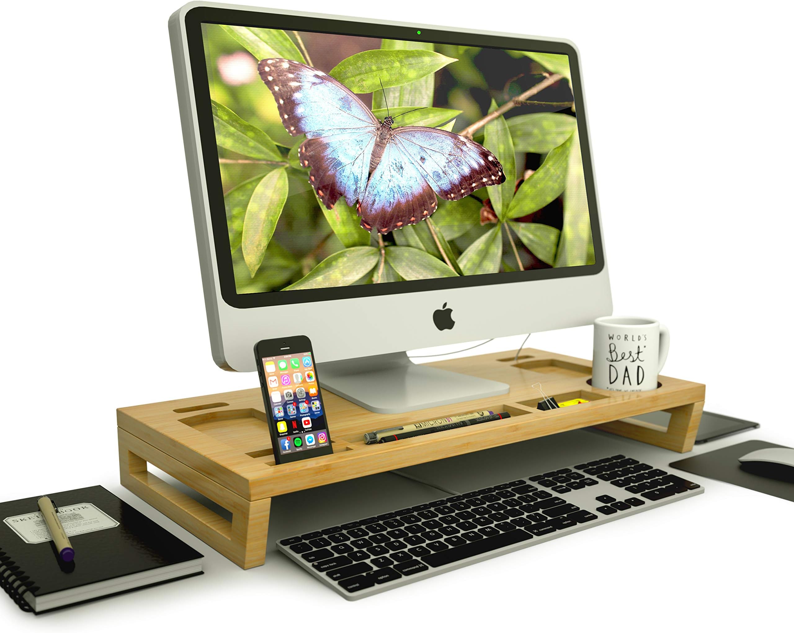 Bamboo Monitor / Laptop Stand by Stellar Importers | Desk Organizer | Riser | Cable and Airflow Management | Elevate Your Perspective