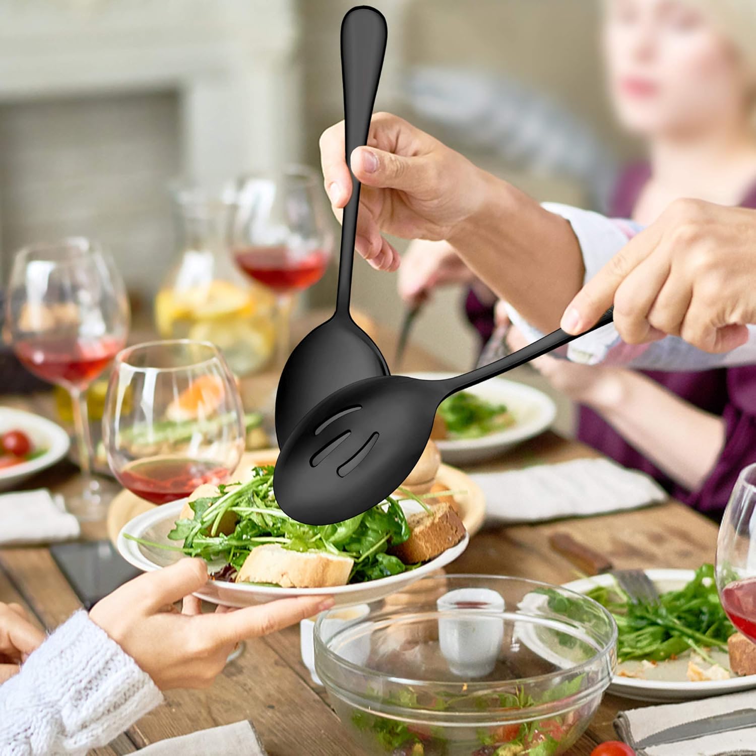 Large Black Serving Utensils Set, 3 Serving Spoons, 3 Slotted Serving