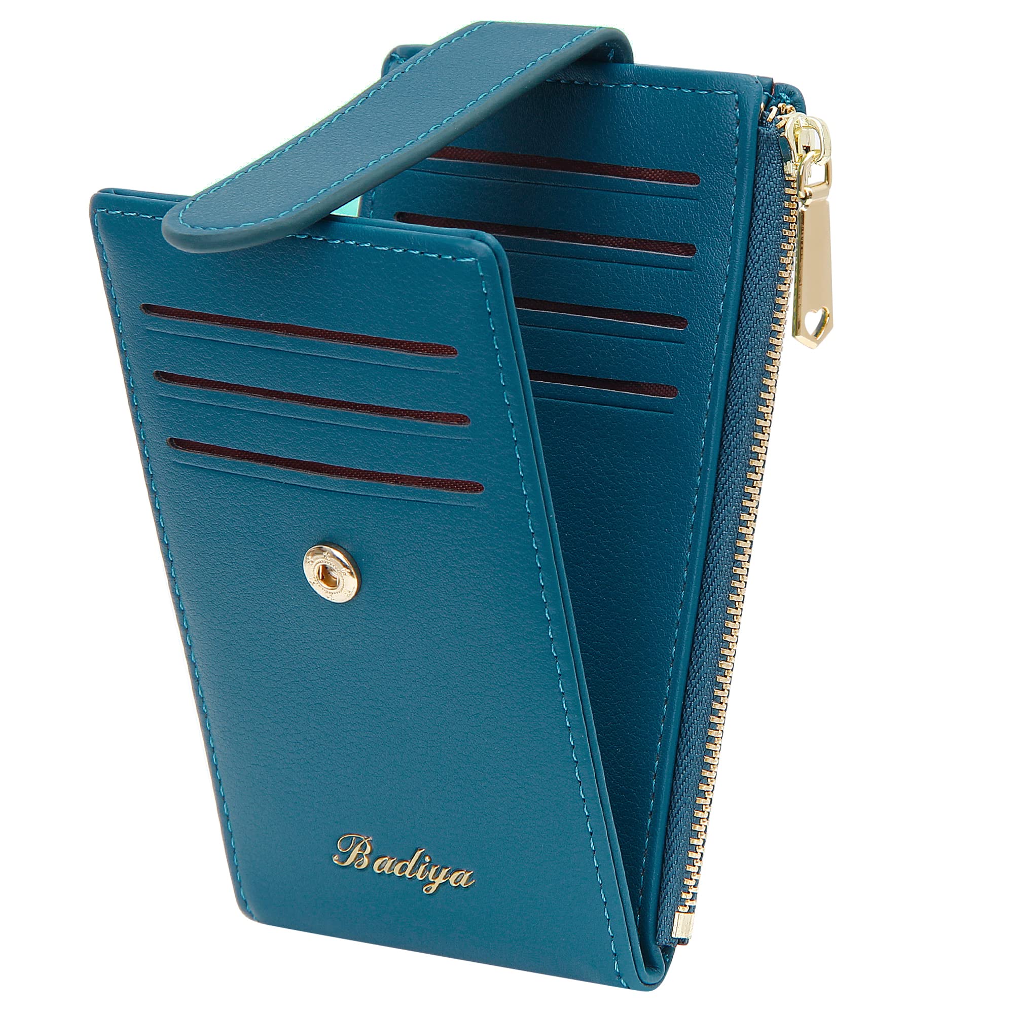 Badiya Slim Women Wallet RFID Blocking Bifold Compact 9 Card Slots Holder Wallets Soft Leather with Zipper Coin Pocket 2 ID Window