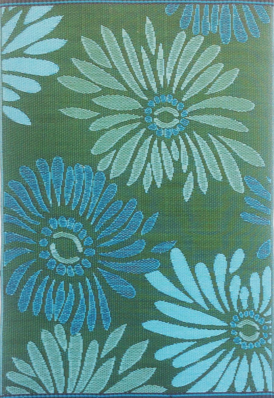 Outdoor Rug, Reversible Plastic Mat for Patio, Porch, Deck, Kitchen & Bath, Daisy, 4' x 6', Aqua/Green