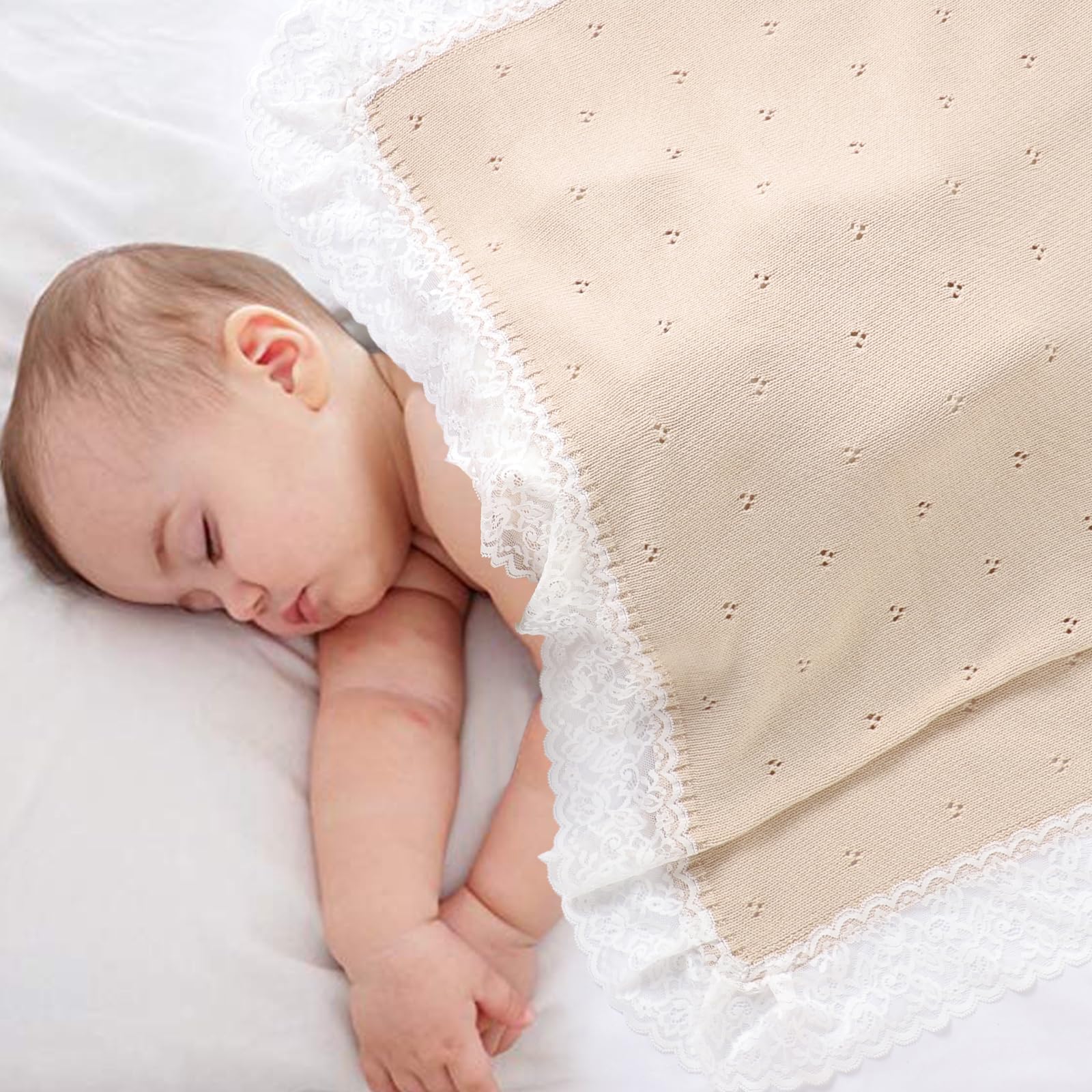 Hadetoto Knit Baby Blanket Cotton Soft Lace Crochet Cellular Blankets Baby Essentials for Newborn Girls Boy 82x102cm (Khaki) - Image 2