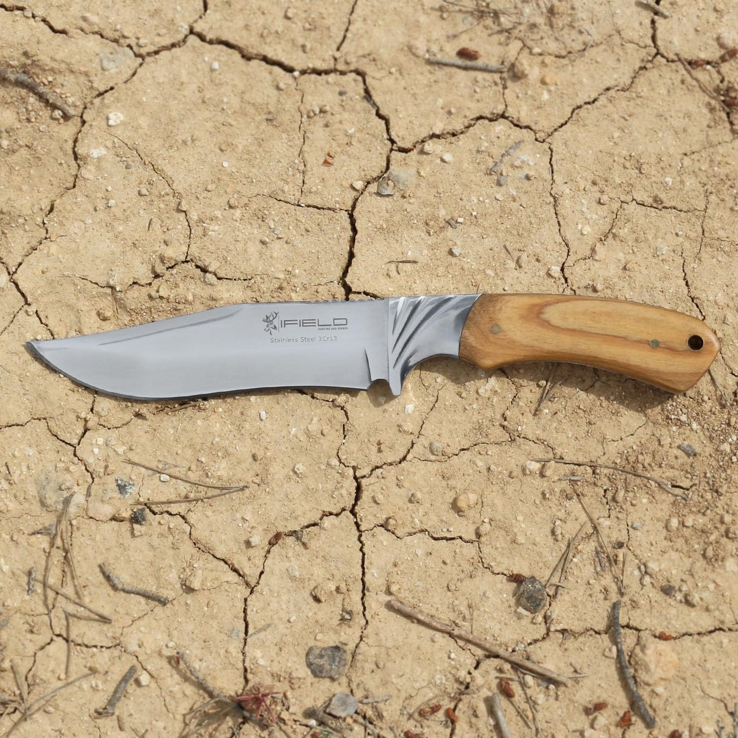 iFIELD EL29014 Coltello multifunzionale per escursioni, caccia e sopravvivenza all'aperto, manico in cervo, lama in acciaio inossidabile 3Cr13, fodero di alta qualità colore marrone