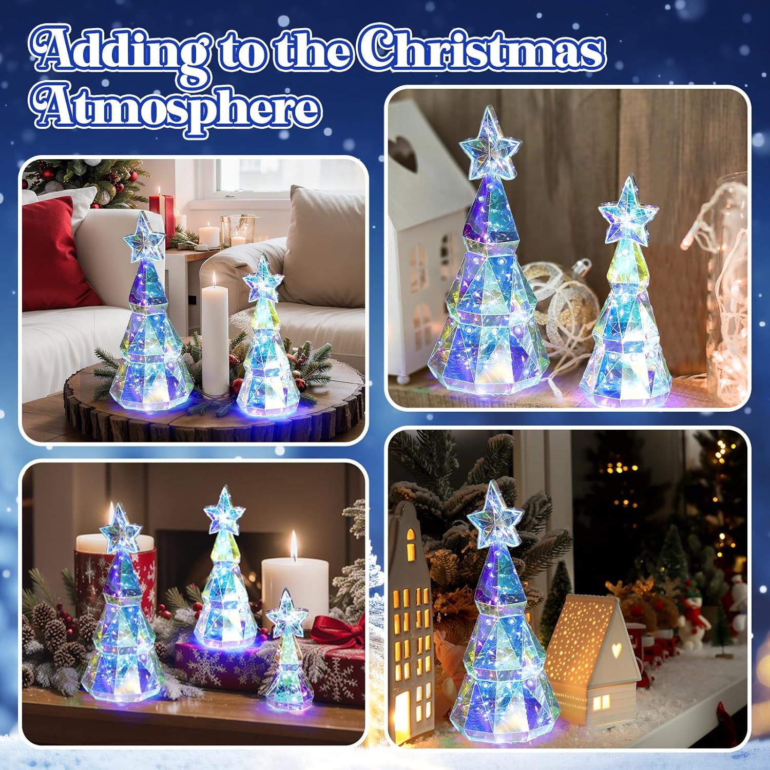Set of 3 Size Prismatic Iridescent Christmas Trees with LED Lights Holographic Christmas Tree Glow Colorful Lights Prismatic Xmas Decoration for Indoor Outdoor Desktop Decor Holiday Gift
