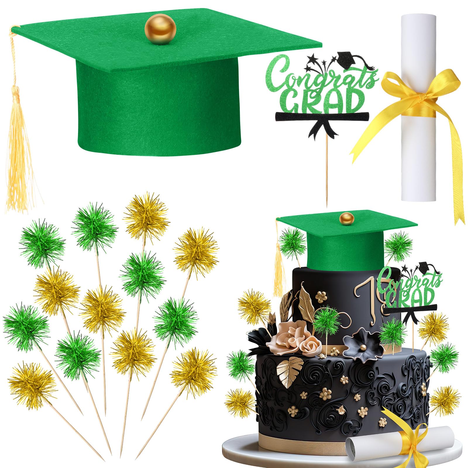 Photo 1 of Ctosree 16 Pcs Graduation Cake Kit Graduation Cake Topper Included Felt Graduate Cap with Tassel Firework Cupcake Toppers Grads Cupcake Topper Diploma Decor for Wedding Graduate Party(Green Gold)
