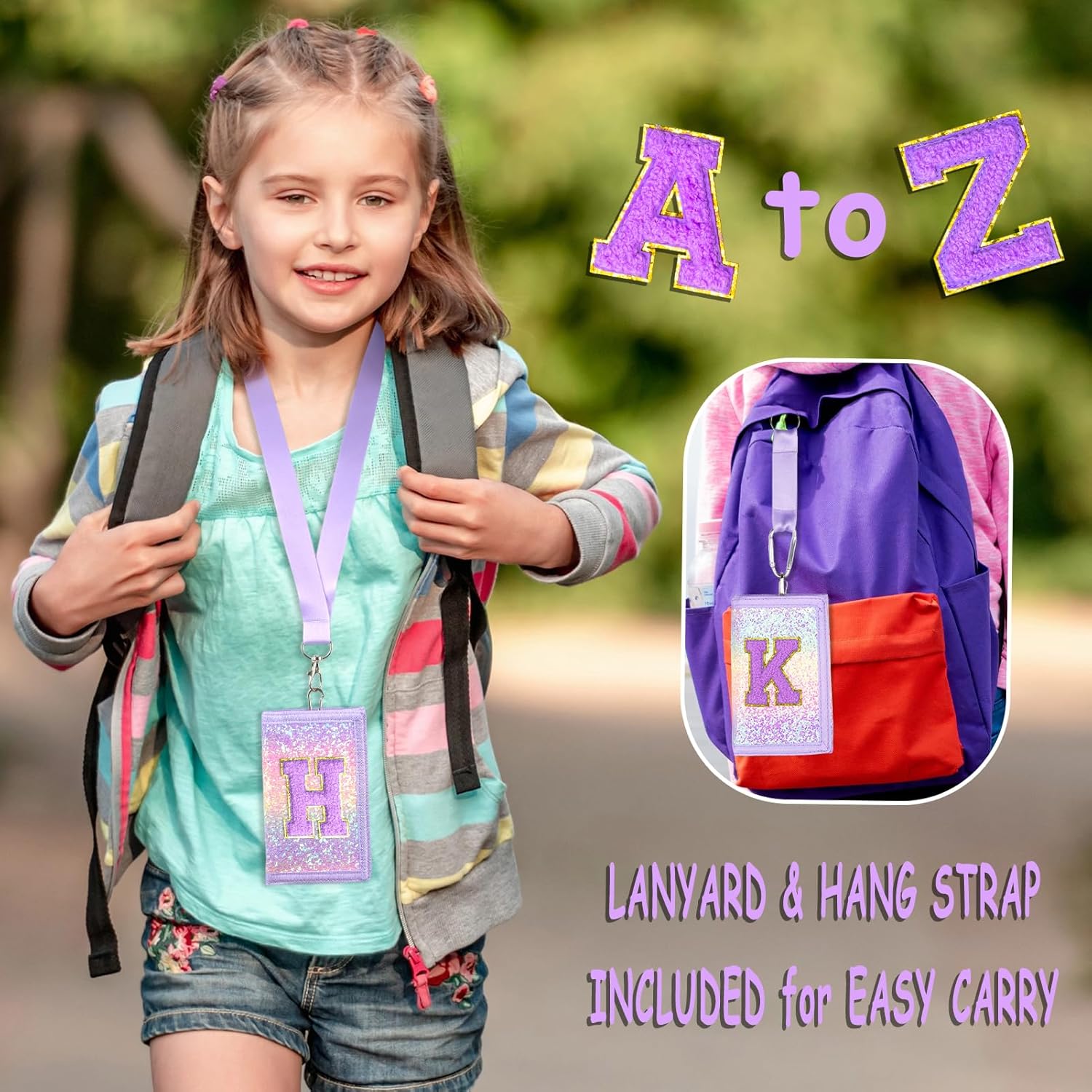 Girls Wallet for Kids Initial Glitter Wallets Trifold with Zipper and Card Slots Including Neck Lanyard and Hanging Strap, Pink Purple, K - Image 2