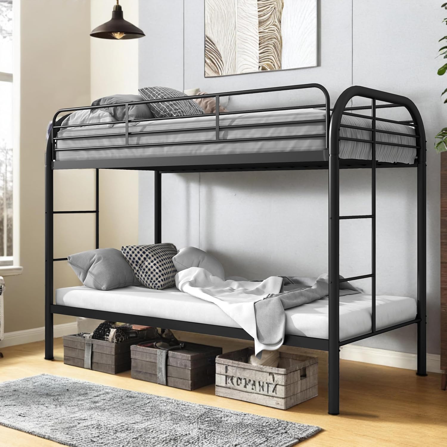 **similar to** (incomplete) Flolinda Metal Bunk Bed Twin Over Twin, Heavy Duty Bunk Beds with 2 Ladders and 11.8\" Full-Length Guardrail, Space-Saving Bunk Bed with Storage, No Box Spring Needed, Easy Assemble, Black Twin Black