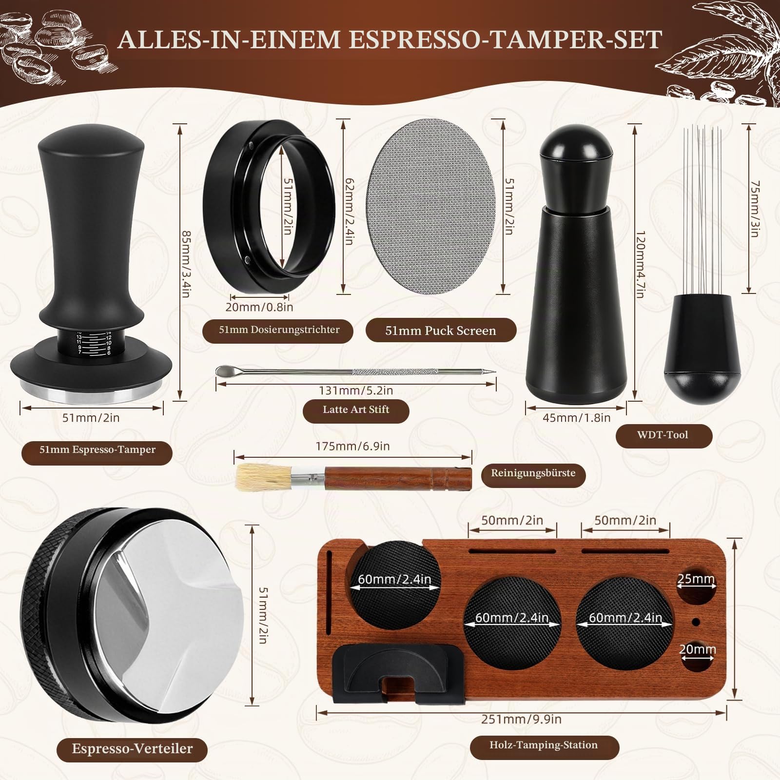 Espresso Tamper Set 51mm, 8-Teiliges Espresso Zubehör mit Tamper, Distributor, Kaffee Dosierring, WDT Tool, Puck Screen, Tamperstation aus Holz, Reinigungsbürste & Latte Art Pen, Barista Zubehör