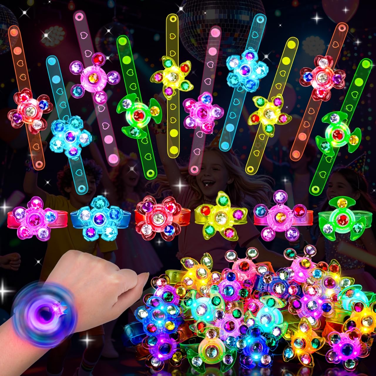 Photo 1 of 24pcs Fidget Spinner Bracelets Glow Birthday Party Favors Bulk for Kids 4-8 8-12 Summer Goodie Treat Bag Stuffers Pinata Filler Classroom Treasure Toys Carnival Prize End of Year Student Gift