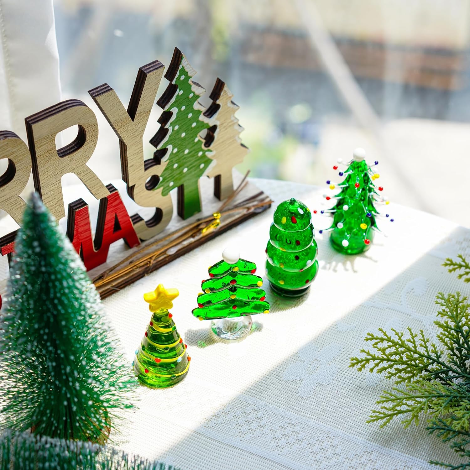 HDCRYSTALGIFTS Set 4 Blown Glass Christmas Tree Figurine Collectible 2.5'' Art Glass Statue Holiday Decoration Sculpture Festival Gifts Home Arts - Image 5