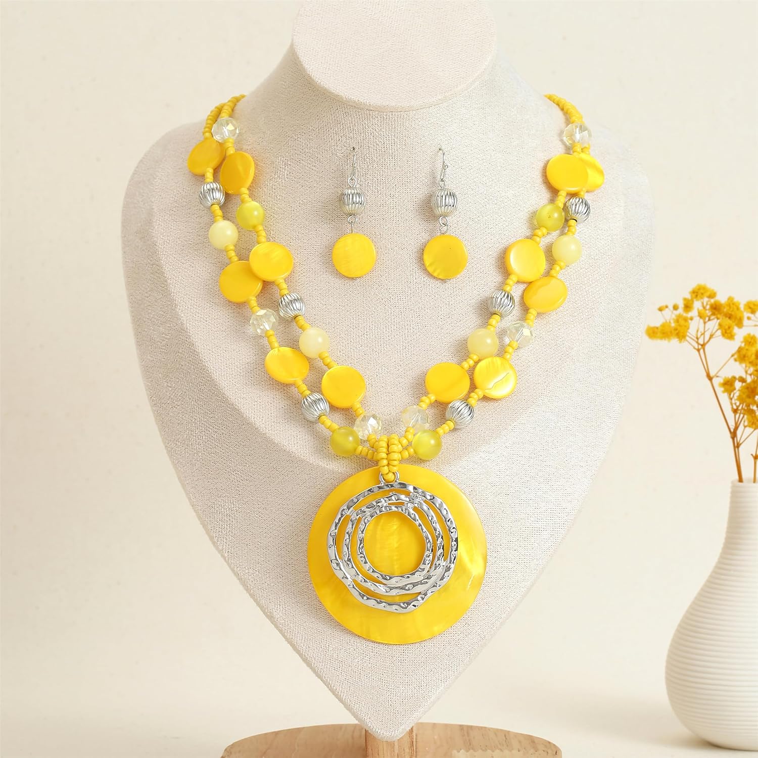 Multilayered Strand Statement Necklaces Set for Women Big Circle Shell Pendant Necklace with Colorful Beaded Chunky Choker Necklace and Earrings. - Image 2