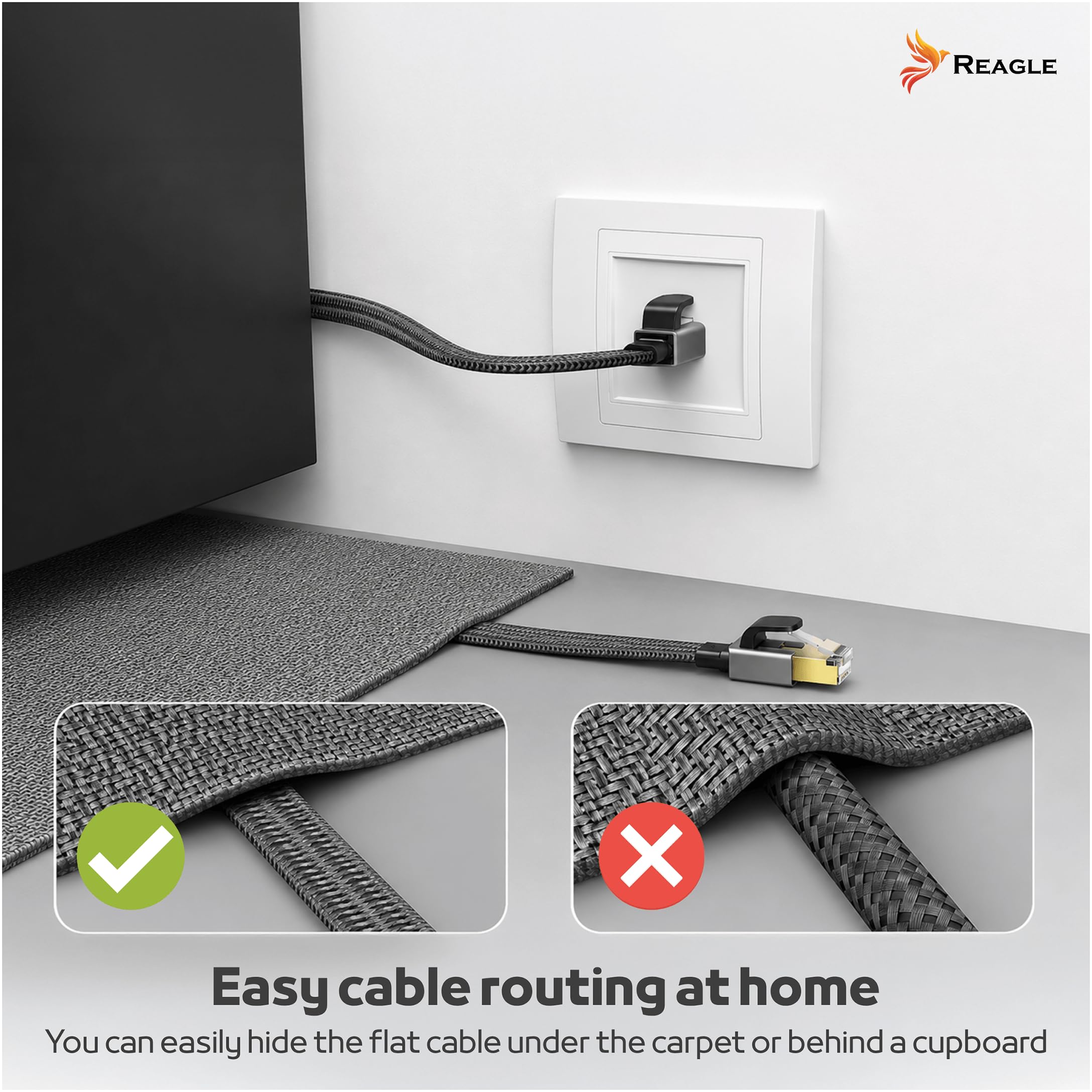 Reagle Câble Ethernet Cat 8 RJ45-15M Plat 40 Gbit/s 2000 MHz – Câble Réseau LAN Internet Blindé avec Gaine Nylon Tressé Connecteurs Dorés pour Routeur Modem Switch PC PS5 Smart TV