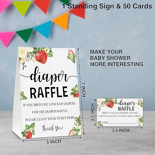 Miniatura 2 de Juego de baby shower, 50 boletos para rifas de pañales con 1 letrero de pie, suministros de decoración de fiesta de revelación de género de bayas y