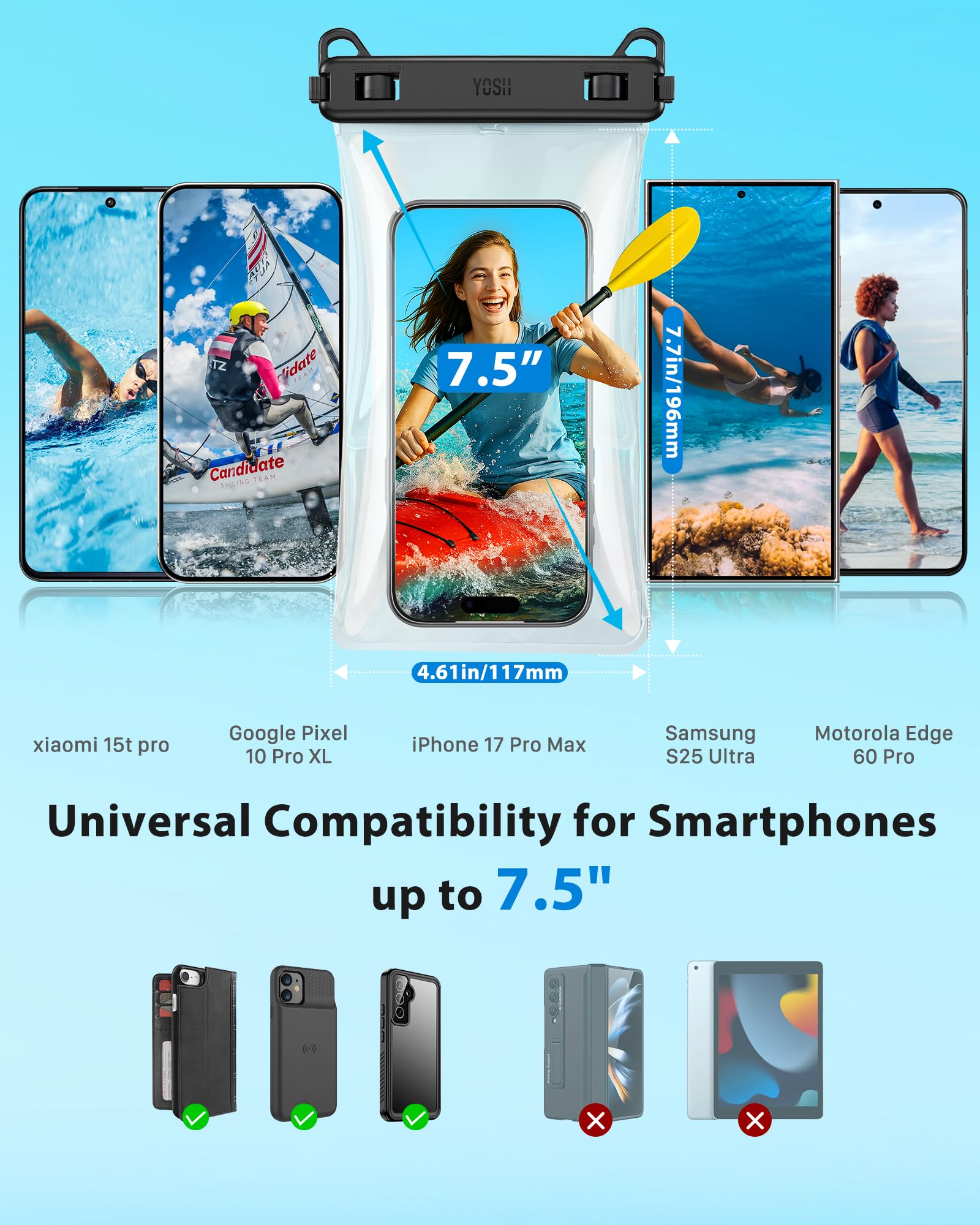 YOSH Galleggiante Custodia Impermeabile Smartphone fino a 7,5" [corpo 3D senza cuciture], 1 Pezzi IPX8 TPU Borsa Impermeabile per iPhone 17 16 15 Pro Max Samsung S26 S25 S24 Ultra Xiaomi etc