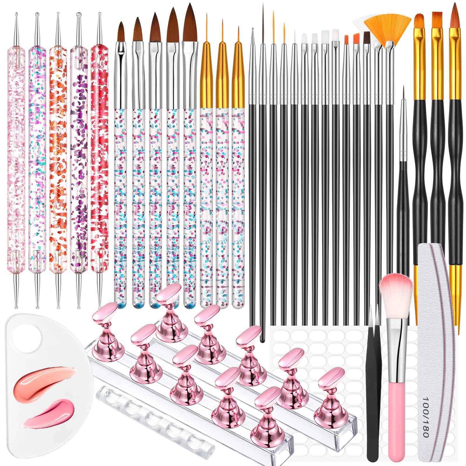 48 Pcs Nail Art Tools Set, Nail Art Brushes, Dotting Tools, Nail Stand, Nail Art Palette Nail File for DIY Nail Art Pink