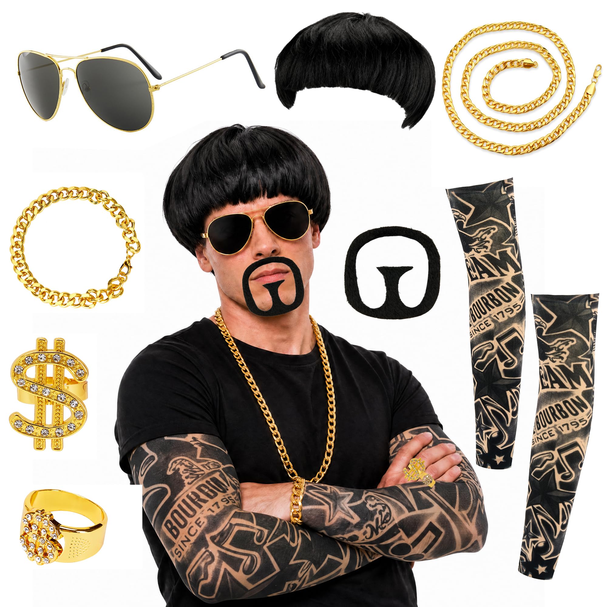 Rilcn Ibiza Final Boss Costume for Men, Funny Meme Fancy Dress Outfit with Bowl Cut Wig, Sunglasses, Gold Chain, Goatee & Tattoo Sleeves for Stag Do, Festival & Carnival Party