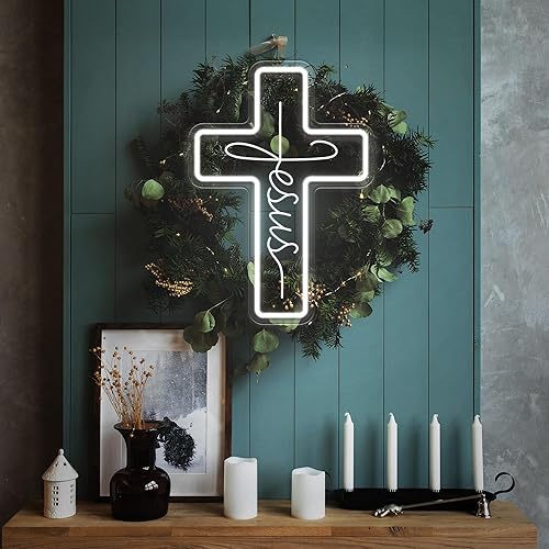 Miniatura 10 de Letreros de neón con cruz de Jesús, decoración de pared LED para dormitorio, sala de estar, bodas, letrero de luz regulable para decoración del