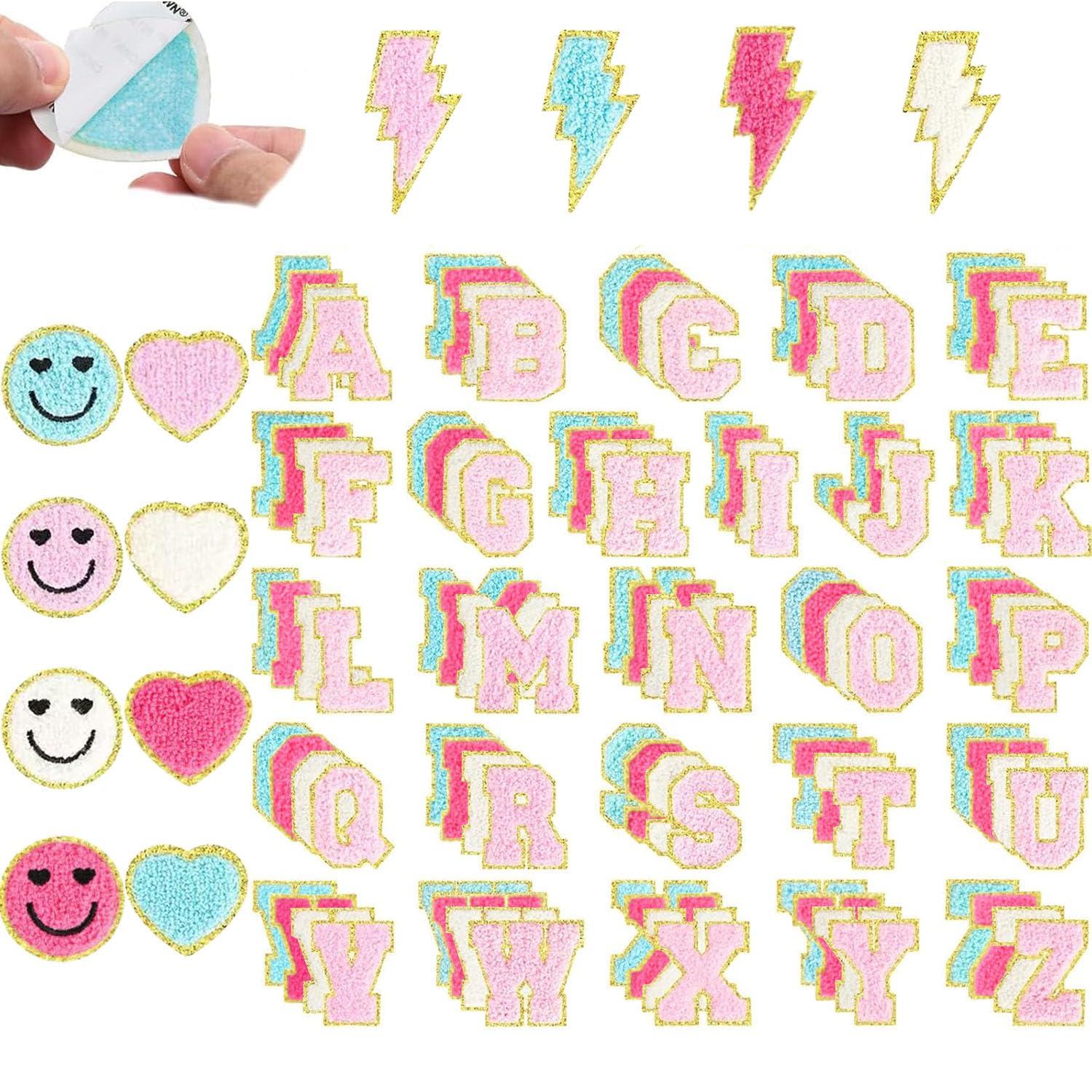 mancyz Novel Style Chenille Patches, 116 Pieces Glitter Letter Alphabet with Hearts and Lightning Bolts, Self-Adhesive Embroidered Appliques — image 1