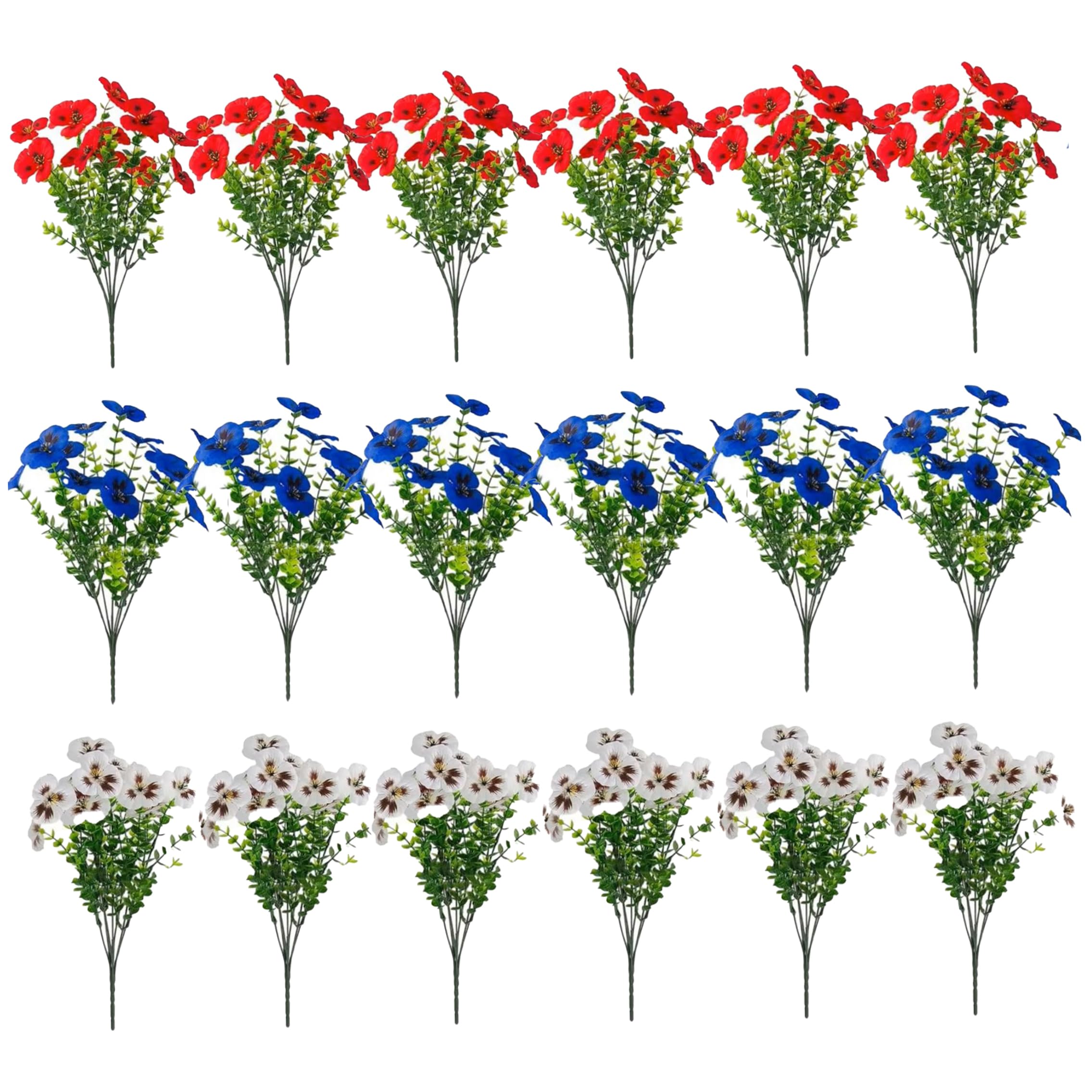 PithCogent Red White and Blue Flowers, 18PCS Realistic Artificial Pansies for Outdoors Patriotic 4th of July Decorations for Garden Yard Porch Balcony, 15in