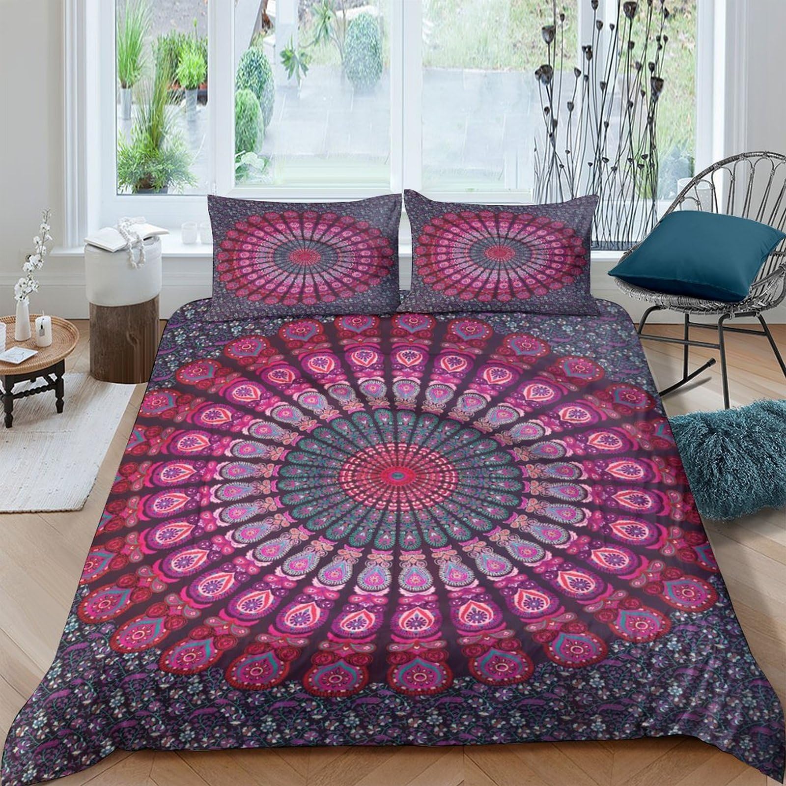 Ctjqhvkz Style-2 3D Printed Mandala Pattern Fitted Sheet Microfiber Anti-Slip Pink Purple Sunburst Bed Cover For Bedroom Guestroom Single（135X200cm）