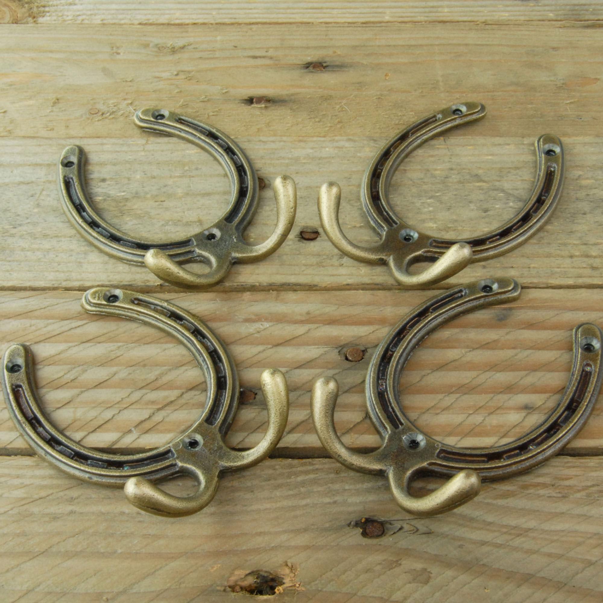 Underground Parts Brass Aged Finish Set Of 4 - Horseshoe Vintage Cast Iron Metal Wall Hooks Antique Brass Finish
