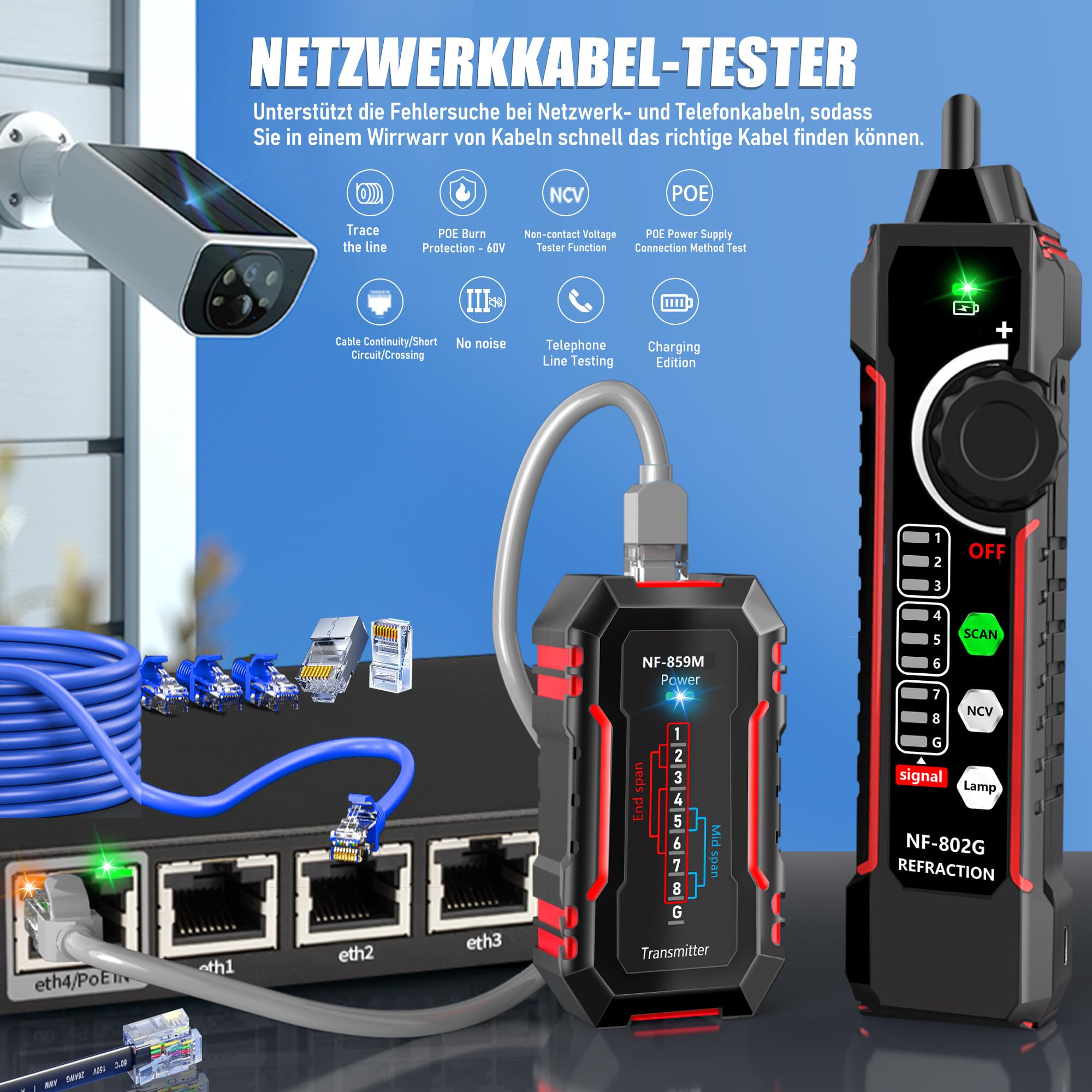Netzwerkkabel-Tester, Ethernet-Kabel-Tester, Leitungsfinder, Tongenerator, Kabel-Tracer, NCV/LAN/POE/RJ45/RJ11/Cat5/Cat6/Cat3-Netzwerke, Kabelprüfung und Telefonleitungsprüfung NF-802MG