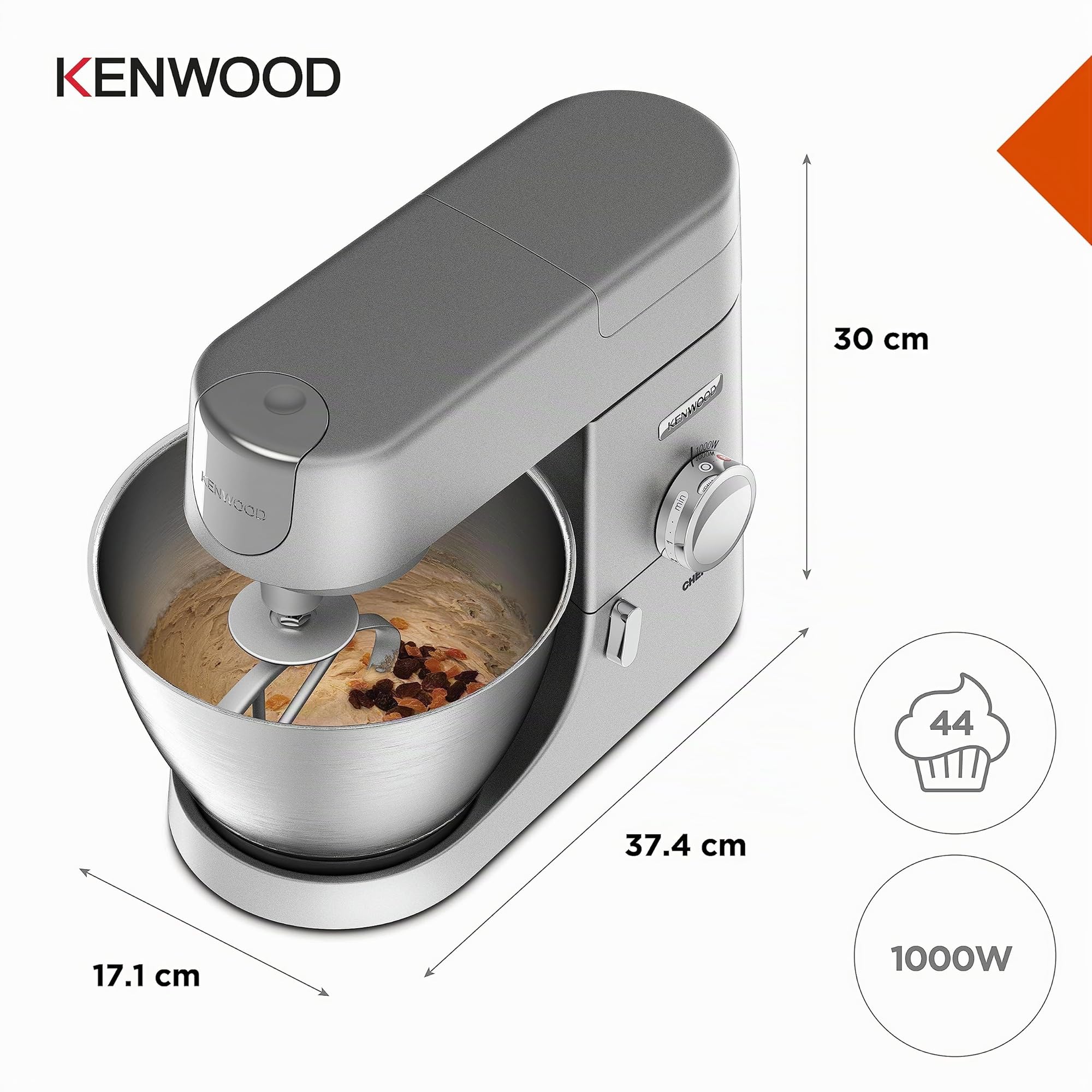 Kenwood KVC3170S Impastatrice Planetaria Chef, in dotazione 3 utensili di miscelazione, Frullatore in vetro da 1,5L e Tritacarne, Ciotola da 4.6 Litri in acciaio, Potenza 1000watt