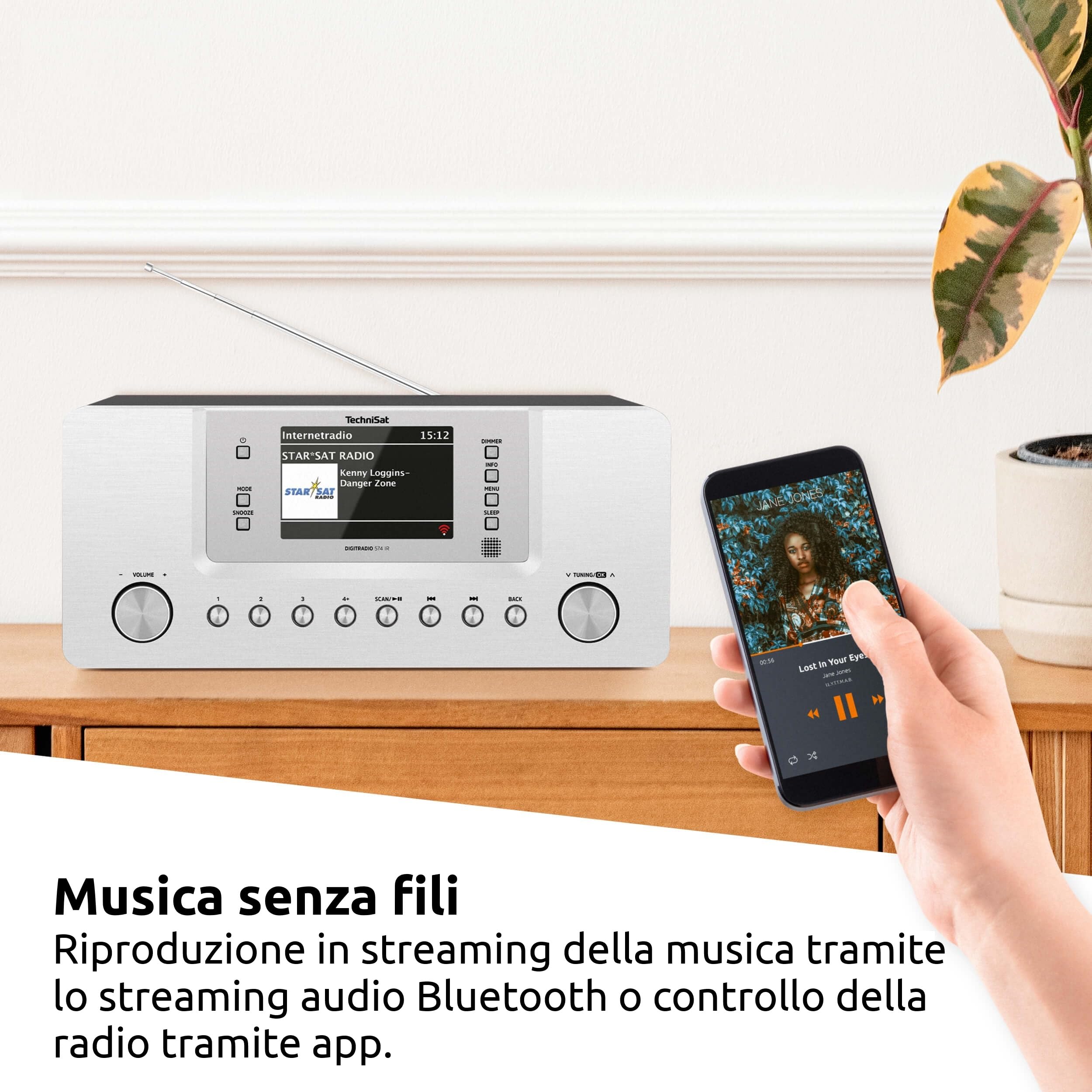 TechniSat DIGITRADIO 574 IR - Radio Internet stereo (DAB+, FM, WLAN, streaming audio Bluetooth, display a colori da 4 pollici, USB, AUX in, jack per cuffie, sveglia, 10 Watt, app/telecomando) argento