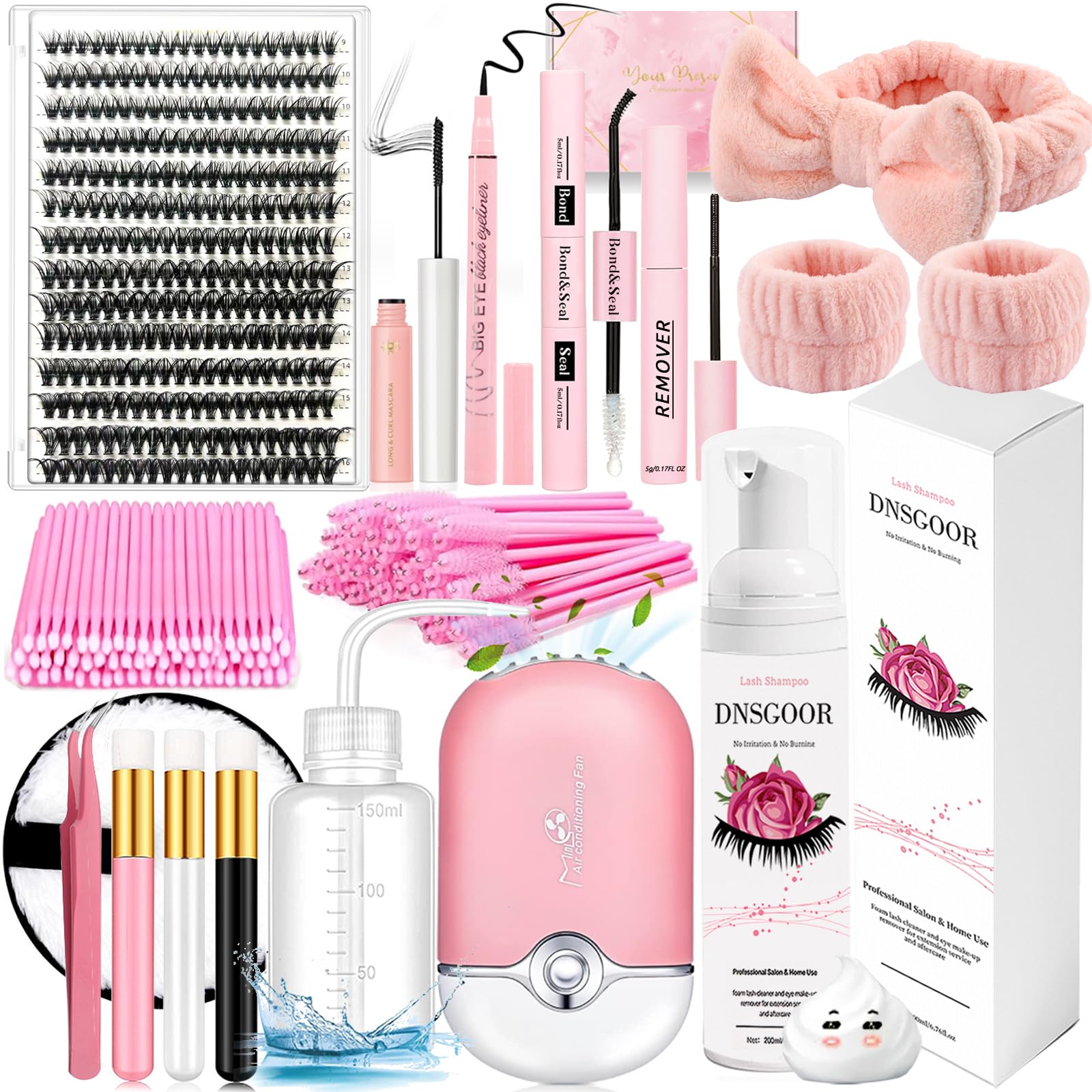 DIY Lash Extension Kit with 280 PCS 9-16mm 40D Lashes Clusters 200ml/6.7fl.oz Lash Cleanser Eyelash Shampoo Mini USB Portable Lash Fan Bond and Seal