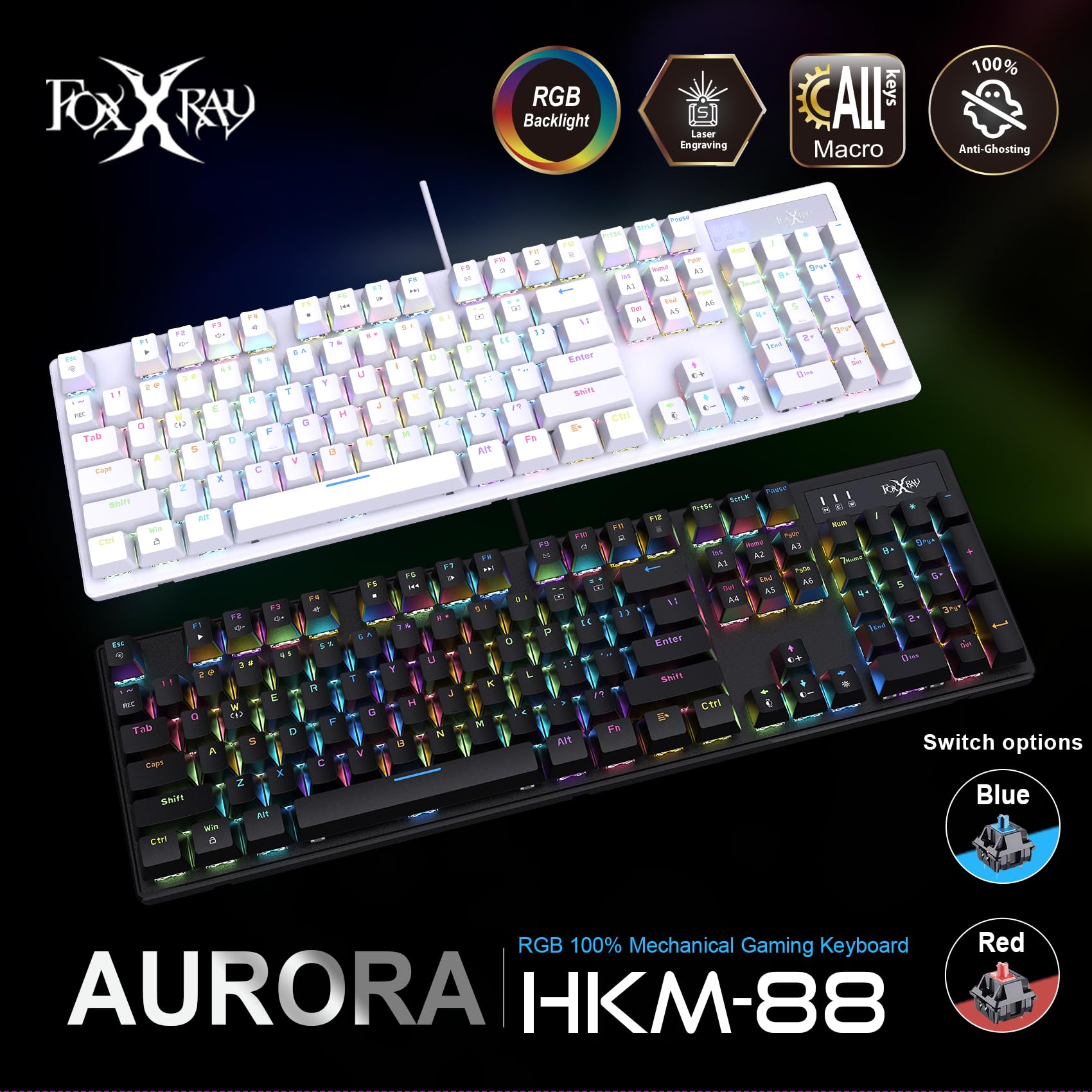 FOXXRAY HKM-88 Tastiera meccanica da gioco full-size, tasti personalizzabili con supporto macro, retroilluminazione RGB, interruttori Outemu rosso/blu, Plug and Play USB per PC (nero, interruttore