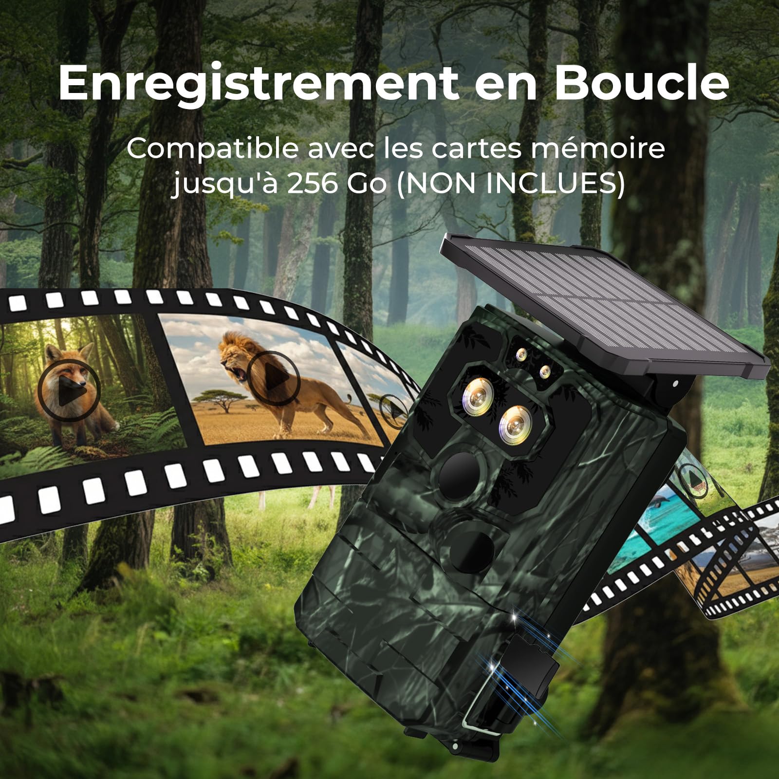 Caméra de chasse WiFi solaire, double objectif, vision nocturne Starlight | Connectée au téléphone via l’application et Bluetooth, vidéo 4K native, photos 60 MP, batterie lithium intégrée, 0,1 s, IP66