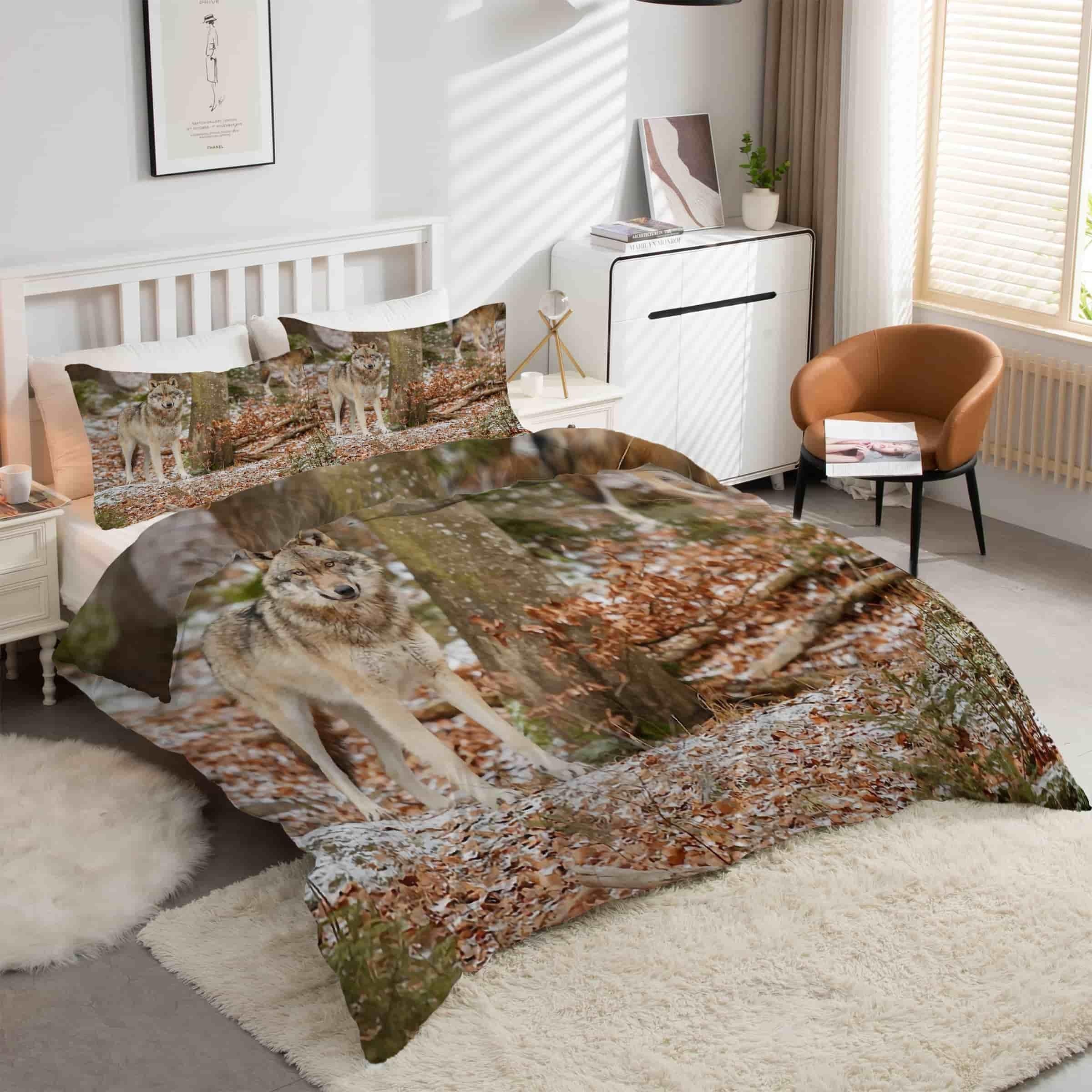 Parure de lit loup 160x200 grise pour créer une ambiance chalet en microfibre