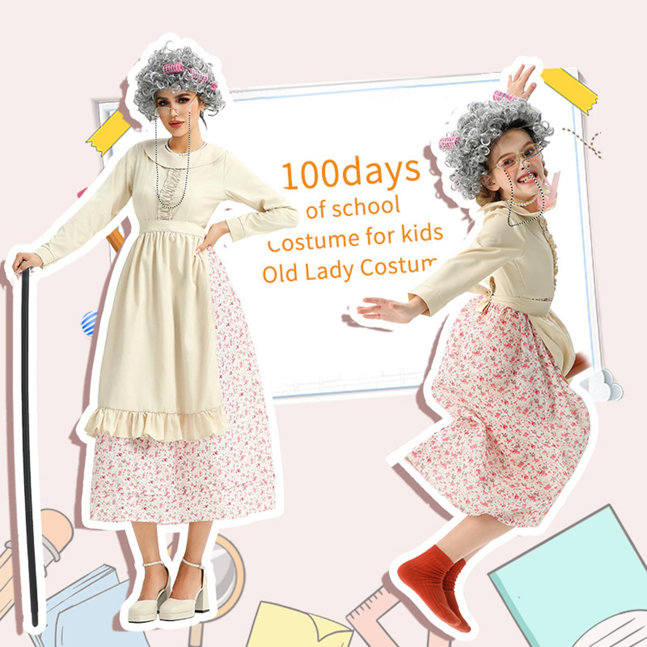 Costume da vecchia signora per bambini, costume da nonna con vestito, grembiule e foulard, da 100 giorni di scuola