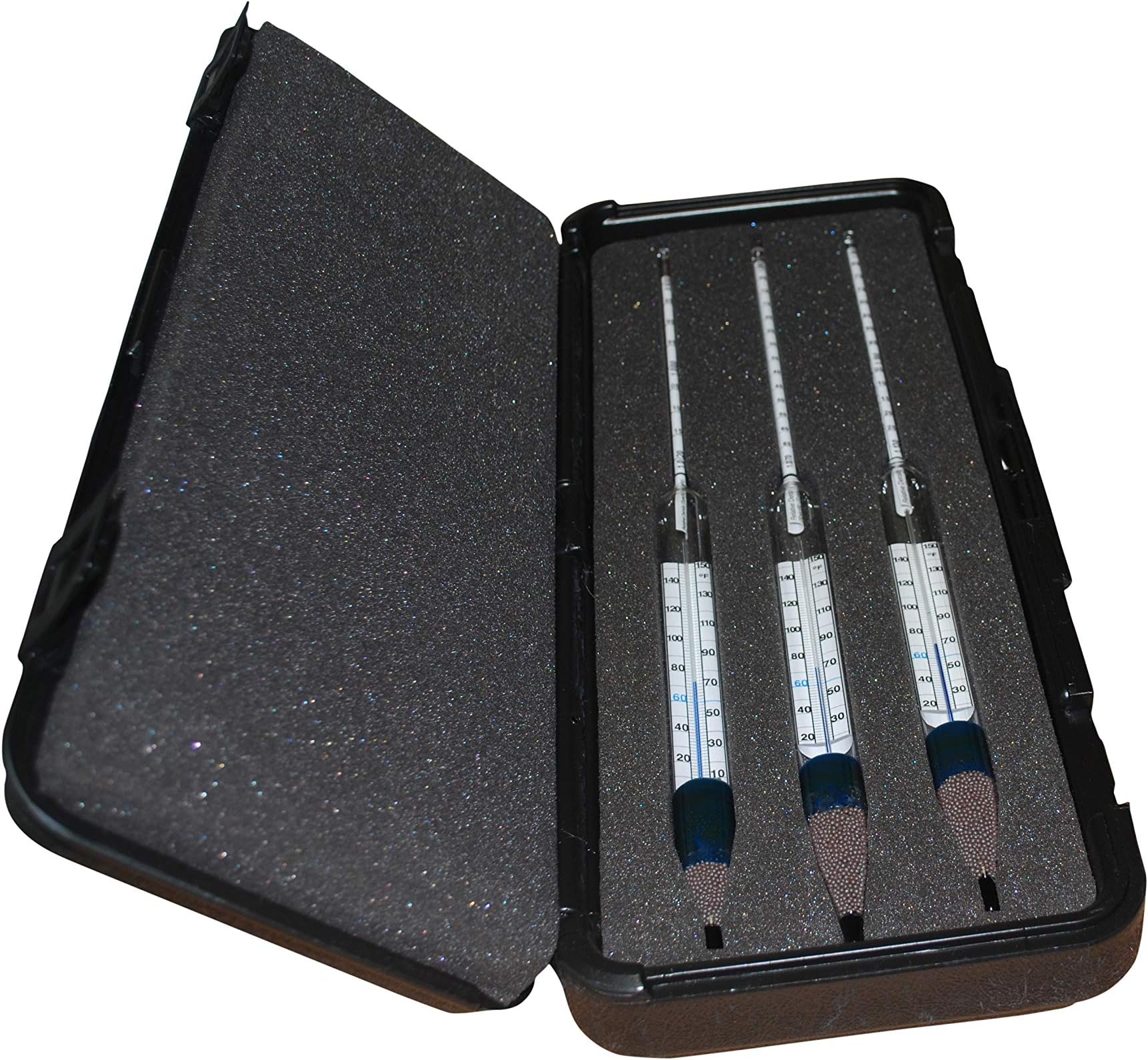 Set of 3 SafetyBlue ThermoHydrometers with The Following ranges 0-8.5%, 7.5-16.5%, 15.5-24% Plato X 0.1% All with a 0/50C X1C Thermometer. Supplied in a Sturdy Plastic case with Foam Inserts
