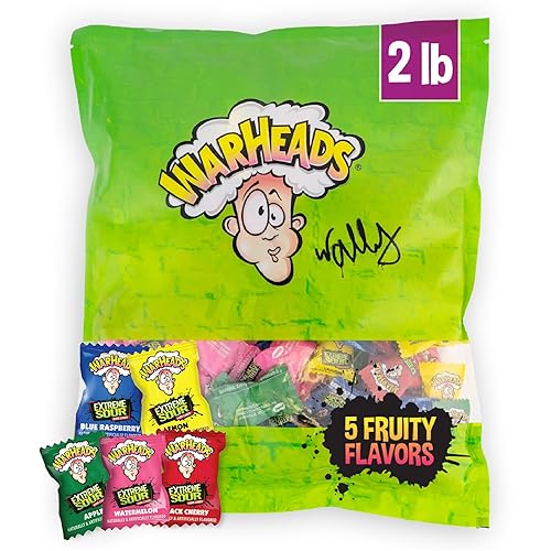 WARHEADS - Extreme Sour Hard Candy - Sabores de manzana agria, cereza negra, frambuesa azul, limón y sandía, ideal para desfiles - Bolsa a granel de