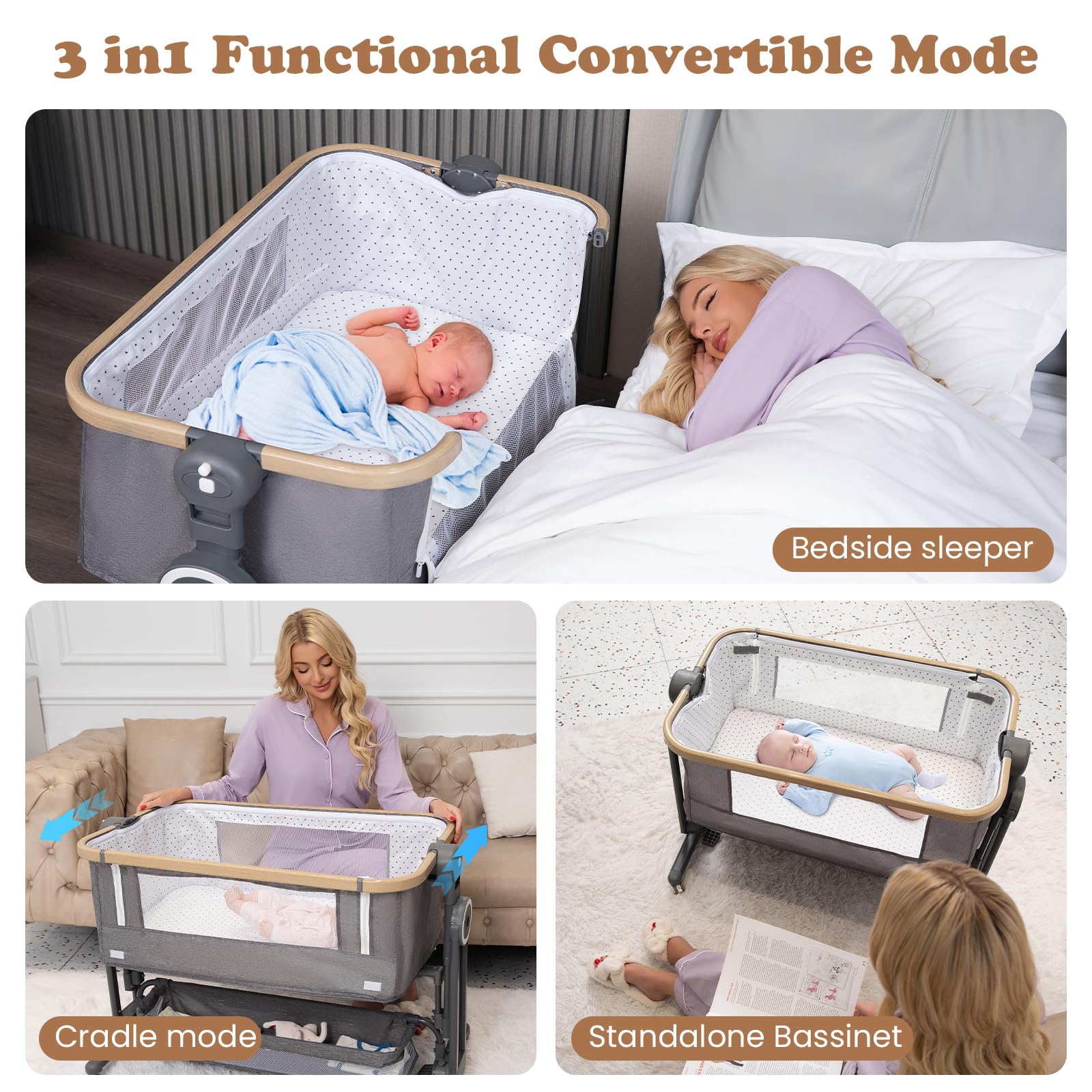 Cawesor Bedside Bassinet for Baby, 3 in 1 Bassinet Bedside Sleeper with Wheels, Mosquito Net, Adjustable Easy Folding Portable Baby Bed for Infant Newborn (Grey)