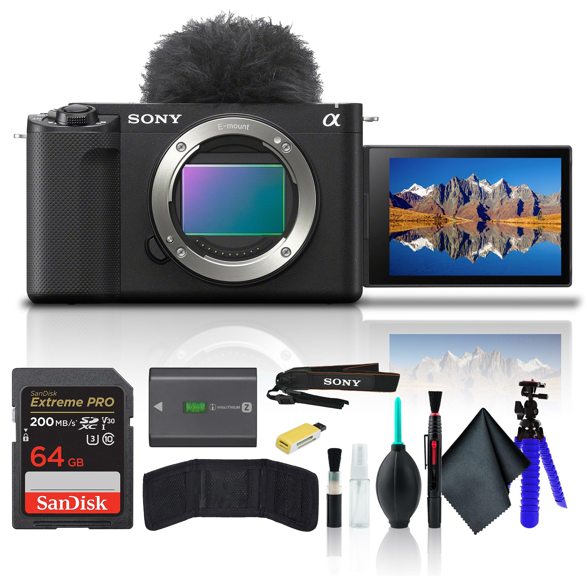 Sony Alpha ZV-E1 Full-Frame Vlog Mirrorless Lens Camera Black ILCZVE1/B, Case, 64GB Card, Card Reader, Flex Tripod, Memory Card Wallet, Cleaning Kit