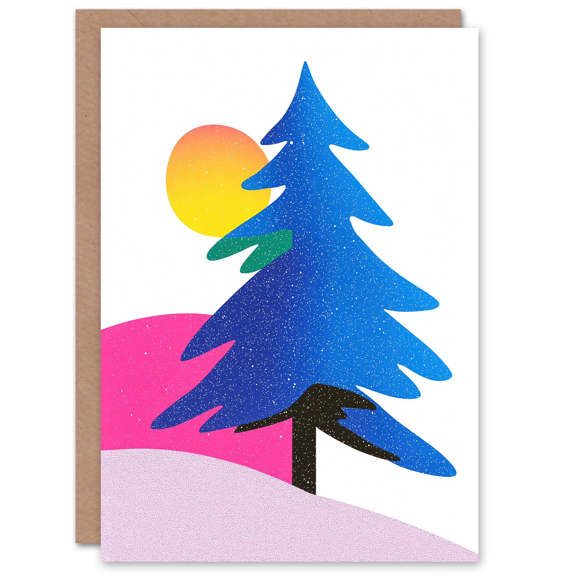 Artery8 Greeting Card Modern Abstract Tree Snow Sun Bold Colourful Blank For Him Or Her Art Christmas Card