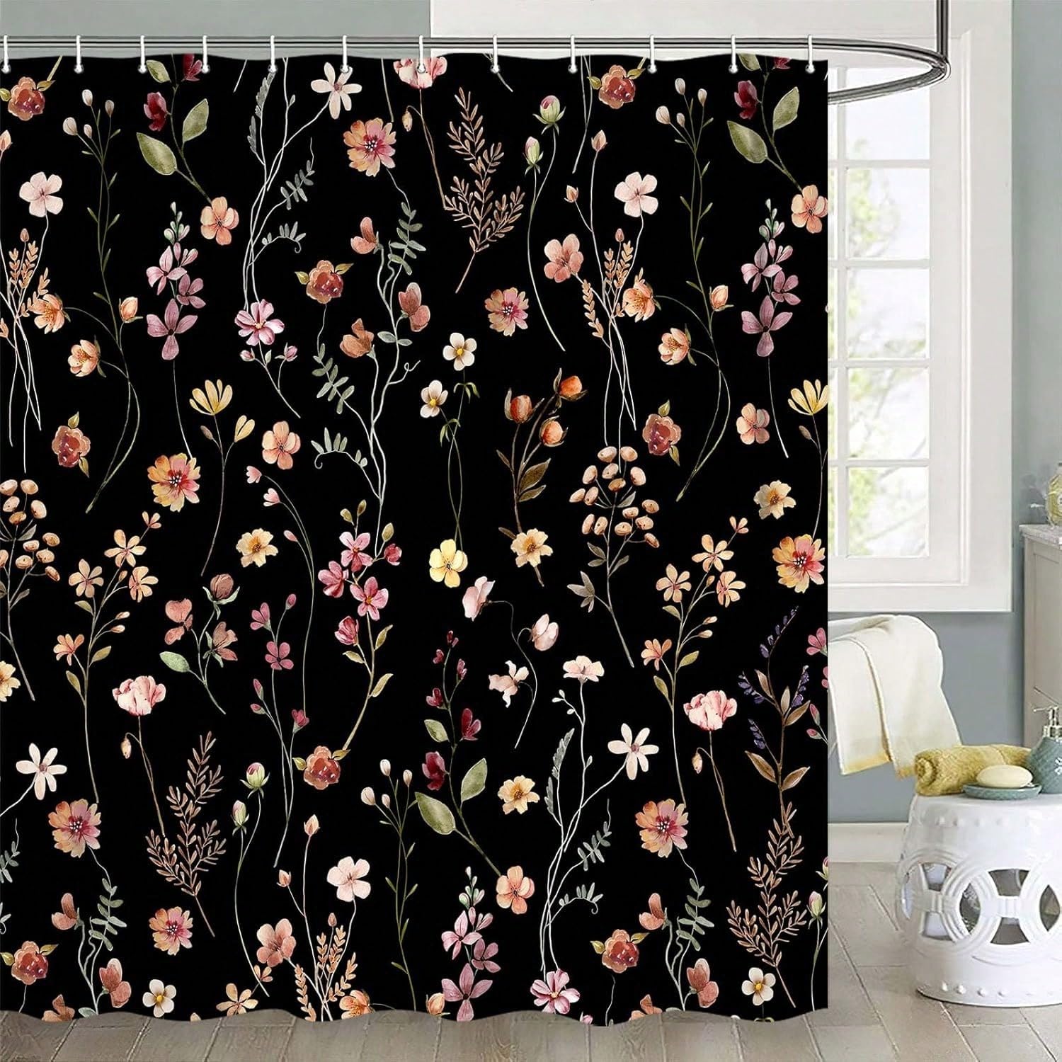 awitufhgp Boho Rustic Floral Shower Curtain,Black Cottagecore Vintage Flower Botanical Shower Curtain, Waterproof Washable With Hooks(113x200cm/44x79in(WxH))