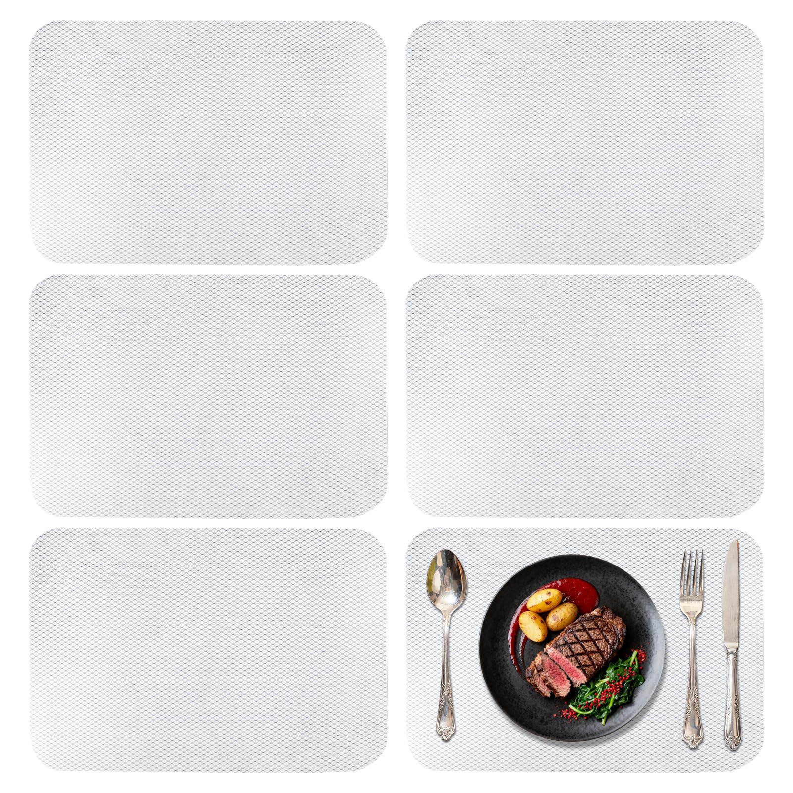 Clear Plastic Placemats Set of 6-Polypropylene Table Protector for Dining, Kitchen, Office, Painting Table, Shelves-Heat Resistant, Crystal Clear, Wipeable Place Mats-11x15.7