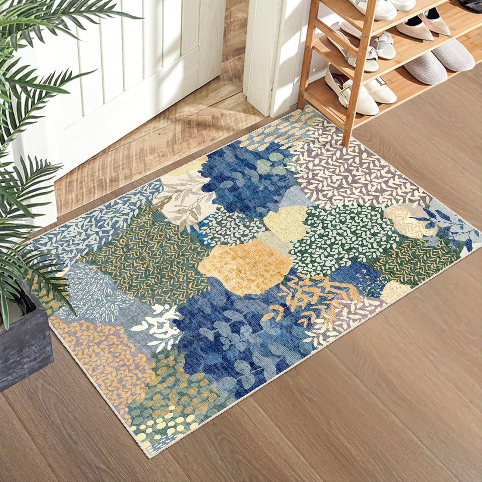 DEXDE 2x3 Area Rug, Small Boho Rugs Entryway Doormat Indoor Machine Washable Non-Slip Abstract Botanical Leaves Floral Print Floor Carpet for Living