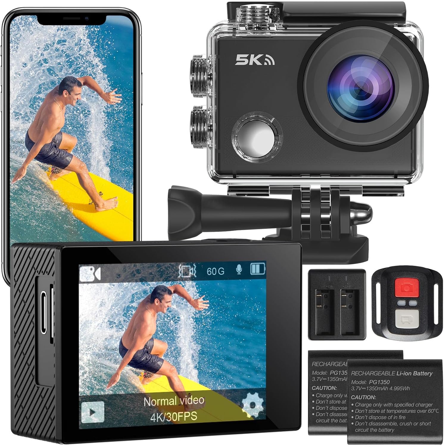 Action Cam, 5K30FPS 30MP Action Cam 40M Unterwasserkamera wasserdichte WiFi 170° Ultra-Weitwinkel EIS Action-Kamera 5X Zoom mit Fernbedienung und 2X 1350mAh Akkus(Black, SP10v19)