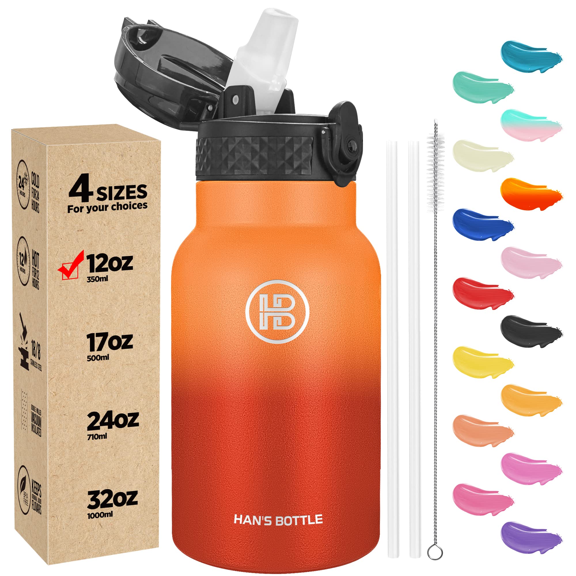 Han's Bottle Kids Water Bottle with Straw Lid - Insulated Stainless Steel Reusable Tumbler for Girls,Boys,Thermo Mug,12oz,Fire