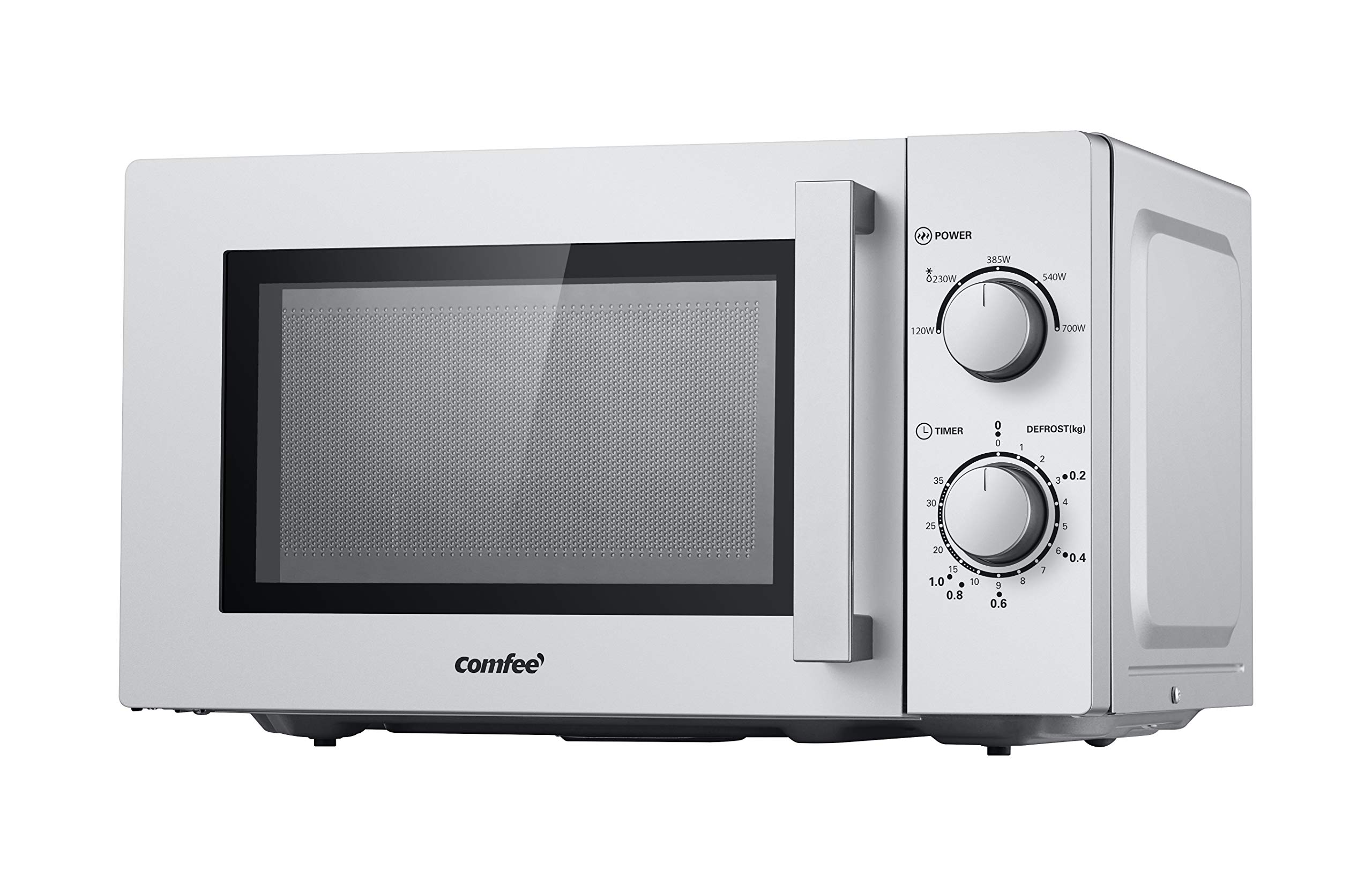 Comfee CMSN 20 si Mikrowelle/Solo-Mikrowelle mit 5 Leistungsstufen/Innenbeleuchtung/easy Defrost/360°Drehteller/Zwei Drehregler/20L/700W/ Silber