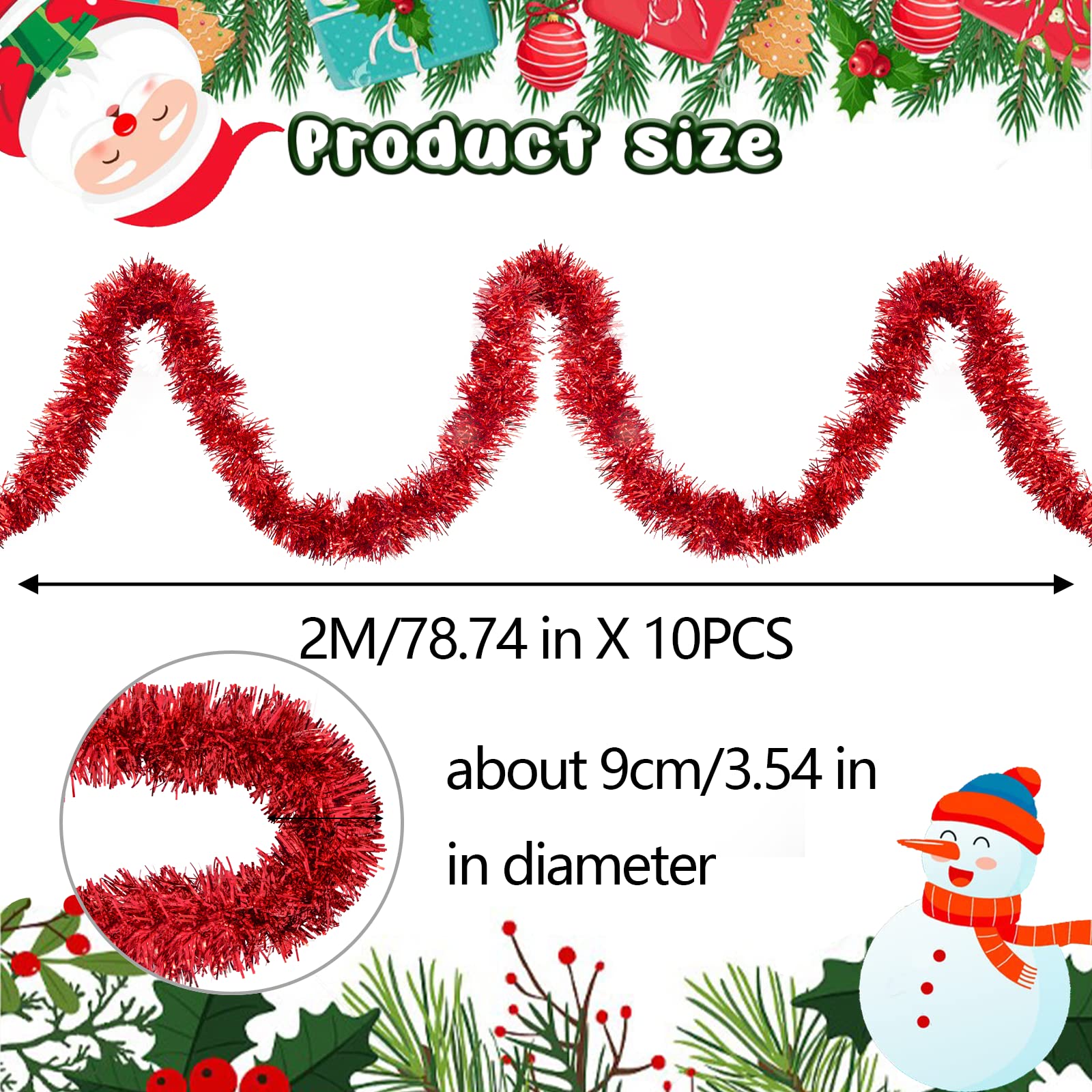 Espumillon Arbol Navidad, 20M/ Paquete de 10 Guirnalda Navidad Metálico Oropeles Brillantes Espumillón Navidad Guirnaldas Navideñas Decoración para Boda Fiesta Hogar Interior y Exterior Rojo
