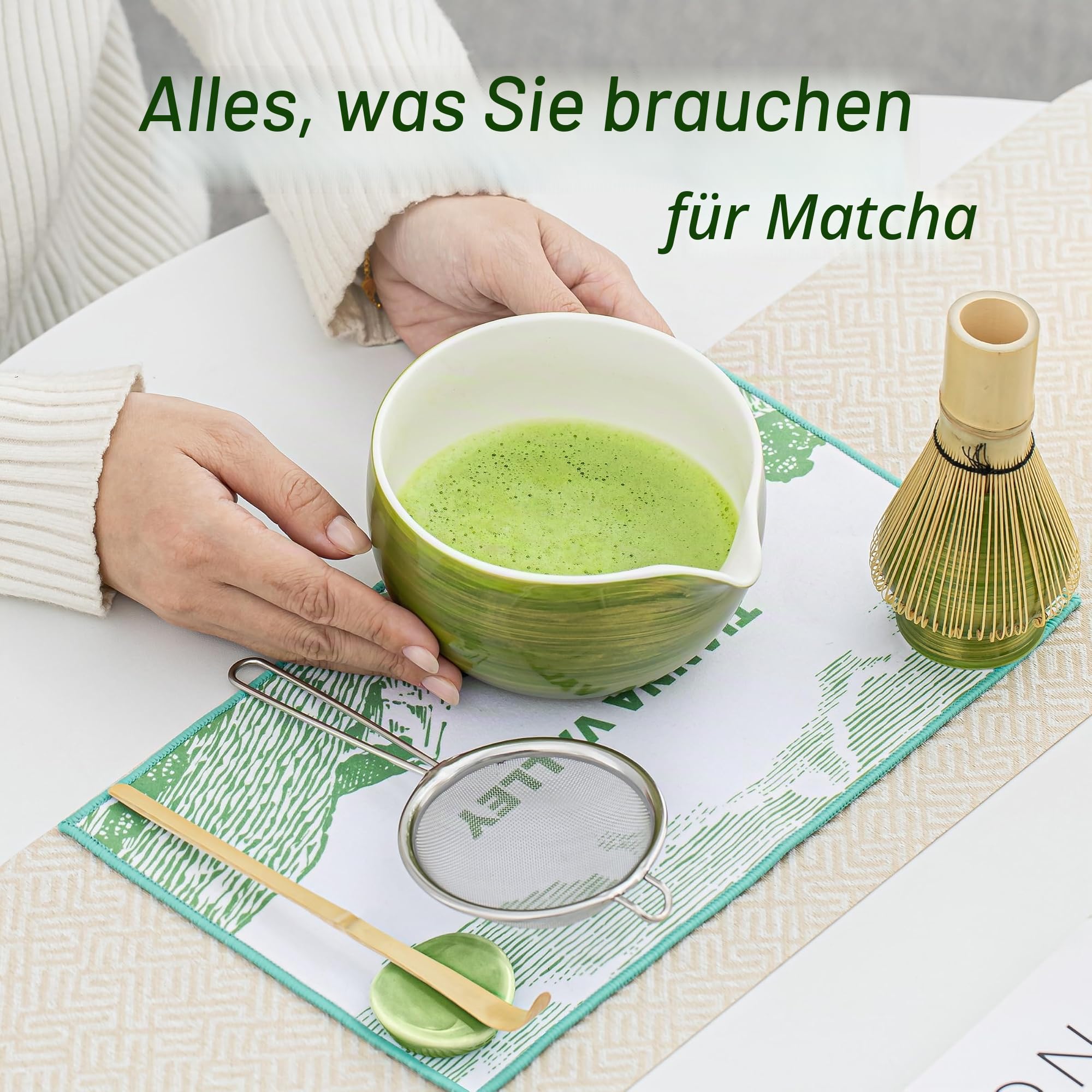 7 Stück Grüner Matcha Set, Matcha Besen,Matcha Set für Zeremonie,480 Ml/16.2 Oz Keramik Schale(chawan) mit Ausguss,Bambus Schneebesen und Halter,Tradition Matcha Tee Set