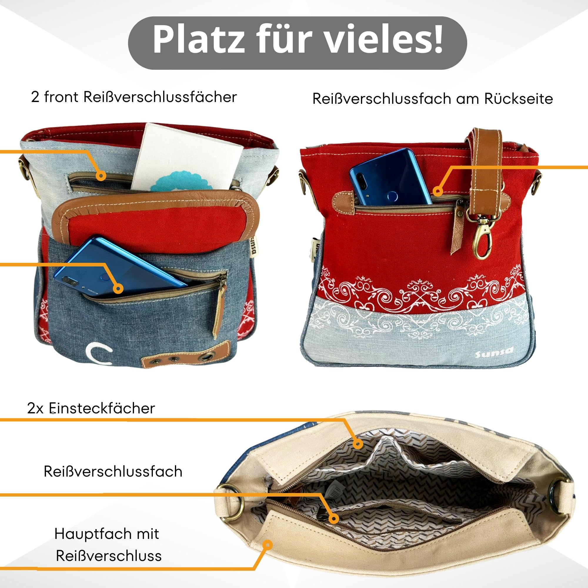 Sunsa Damen Umhängetasche. Nachhaltige Tasche aus recycelte Jeans & Canvas