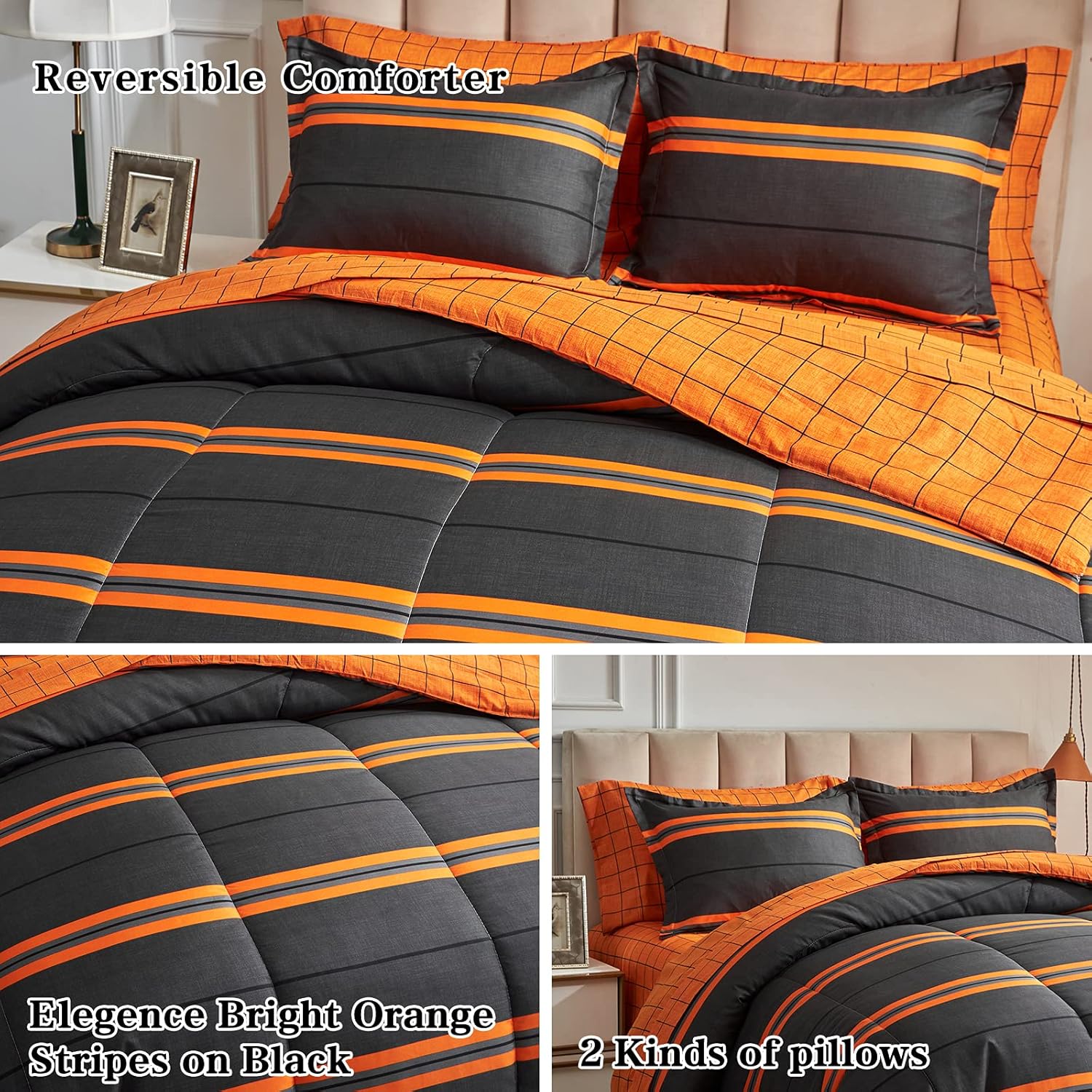Flysheep Boho Striped Halloween Bed in a Bag 6 Pieces Twin Size, Ombre Bright Orange Stripes on Black Comforter Sheet Set (1 Comforter, 1 Flat Sheet, 1 Fitted Sheet, 2 Pillow Shams, 1 Pillowcase) - Image 4