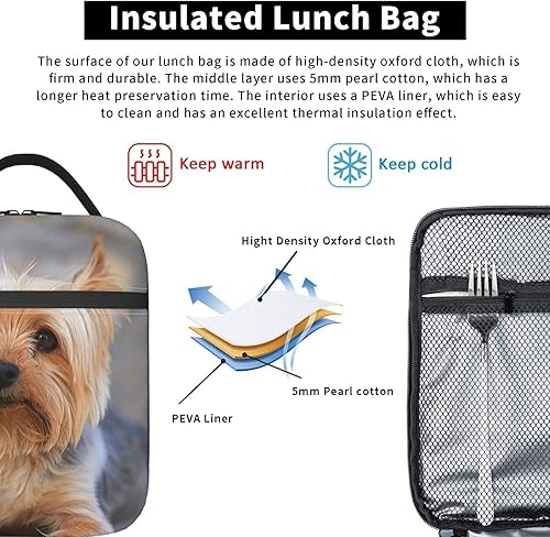 Miniatura 4 de Lindest Yorkies - Bolsa de almuerzo reutilizable con aislamiento, bolsa de mano con asa desmontable, lonchera para comida