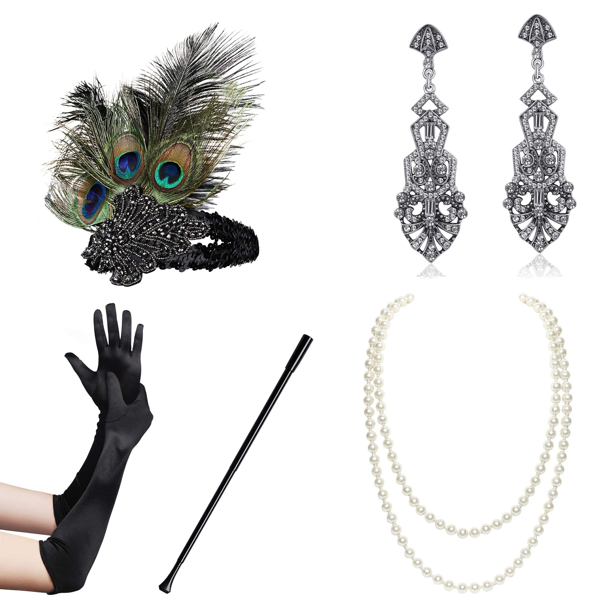 BABEYOND1920s Flapper Accessories Gatsby Costume Accessories Set 20s Flapper Headband Pearl Necklace Gloves Plastic Holder for Women